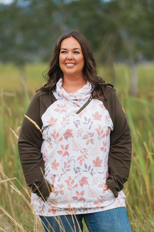 Classic Zoey ZipCowl Fall Sweatshirt Autumn Leaves Print Olive Long Sleeve