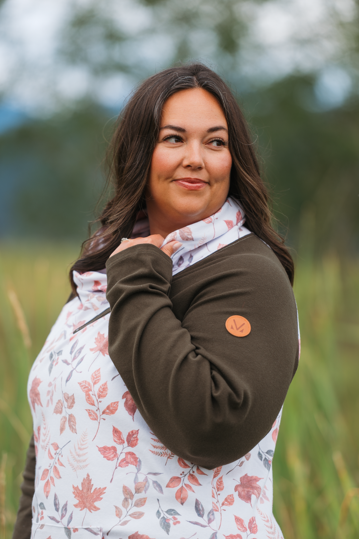 Classic Zoey ZipCowl Fall Sweatshirt Autumn Leaves Print Olive Long Sleeve by Michelle Mae