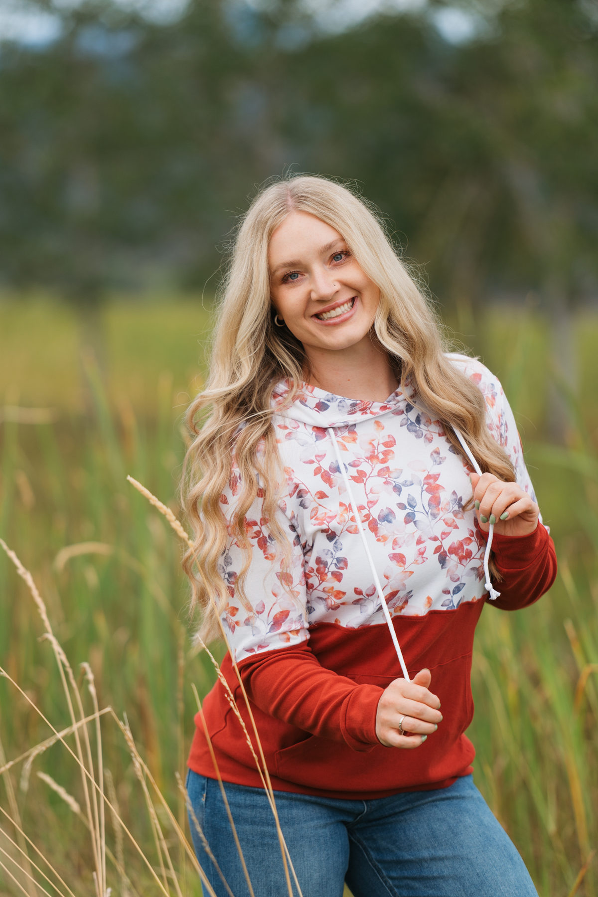 Hailey Pullover Hoodie Autumn Watercolor Print Triple Stretch Top by Michelle Mae
