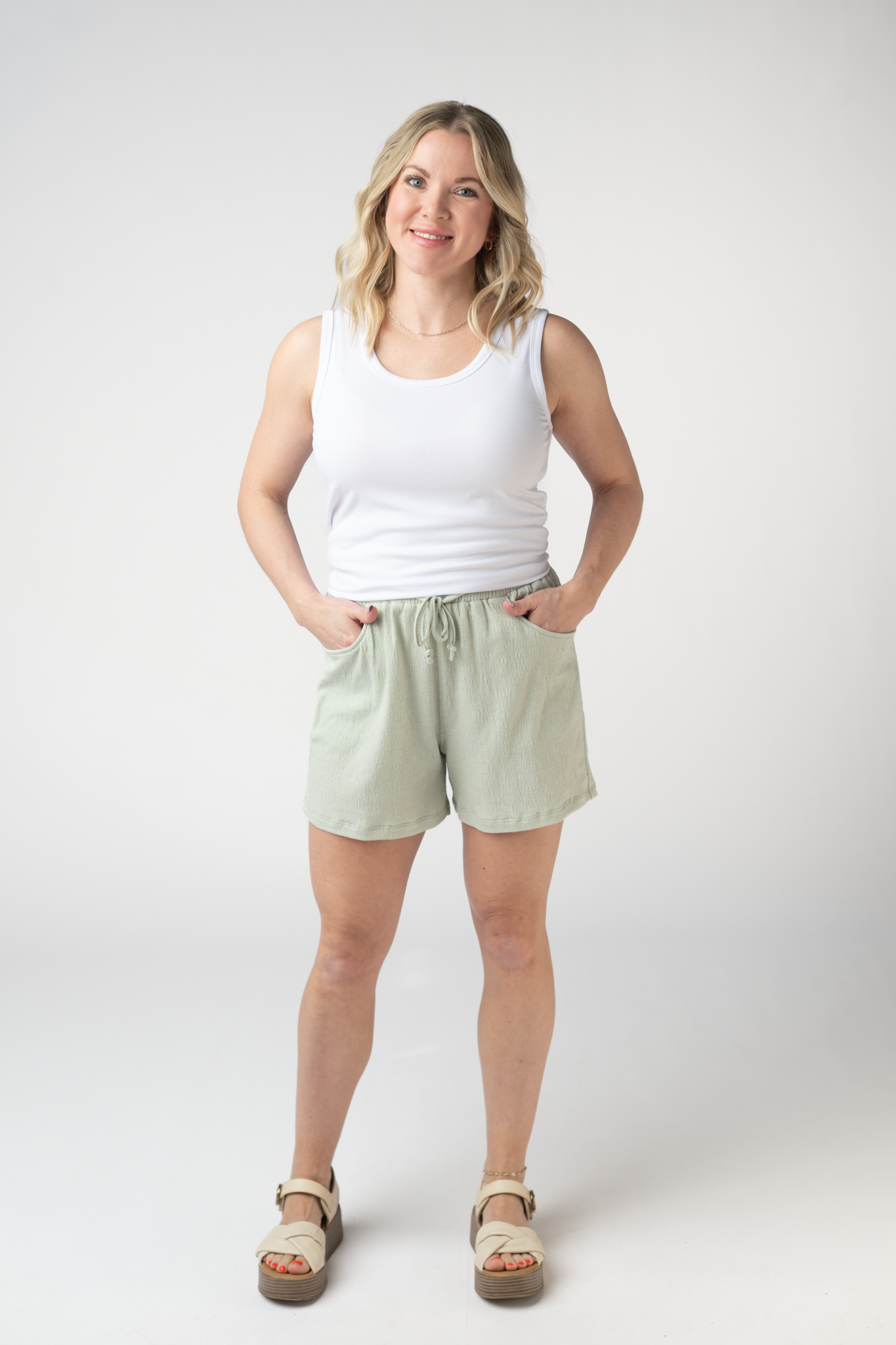 Candice Crinkle Shorts Light Green With Adjustable Drawstring by Michelle Mae