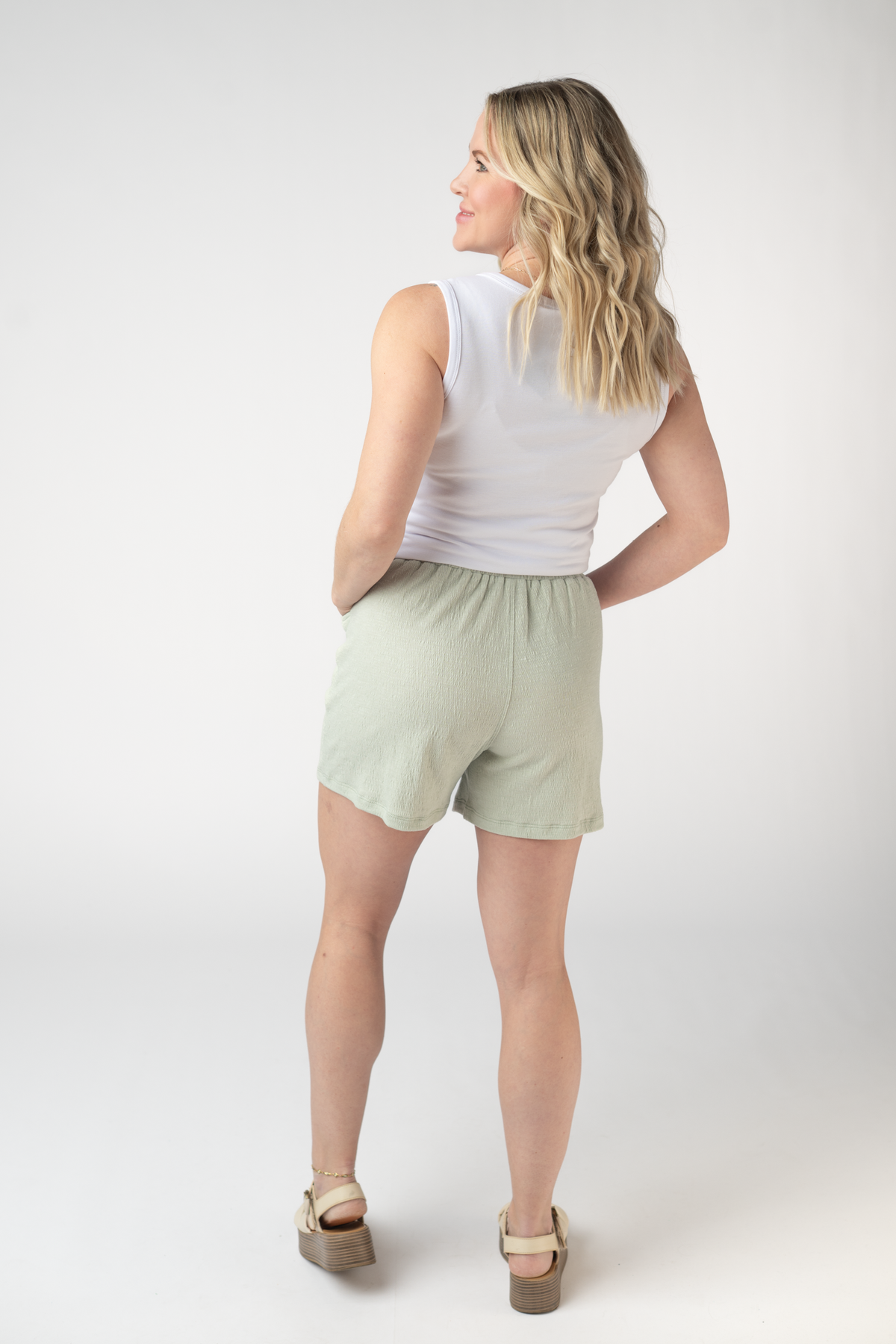 Candice Crinkle Shorts Light Green With Adjustable Drawstring by Michelle Mae