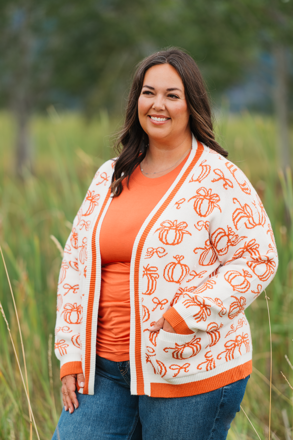 Fall Pumpkin Open Front Pocket Cardigan Soft Cozy Women Sweater by Michelle Mae