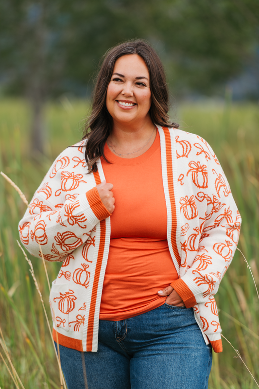 Fall Pumpkin Open Front Pocket Cardigan Soft Cozy Women Sweater by Michelle Mae
