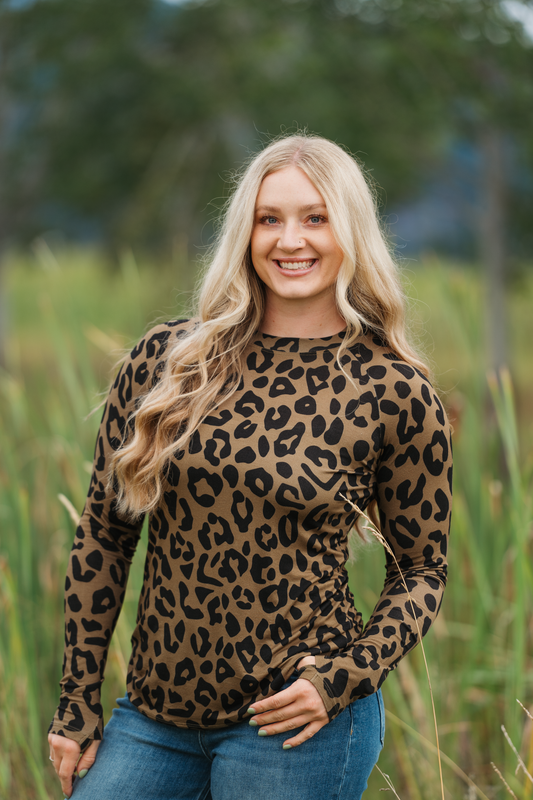 Women Olive Animal Print Long Sleeve Top Fitted High Neck Shirt by Michelle Mae