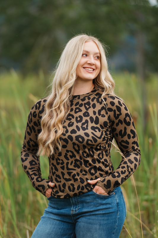 Women Olive Animal Print Long Sleeve Top Fitted High Neck Shirt by Michelle Mae