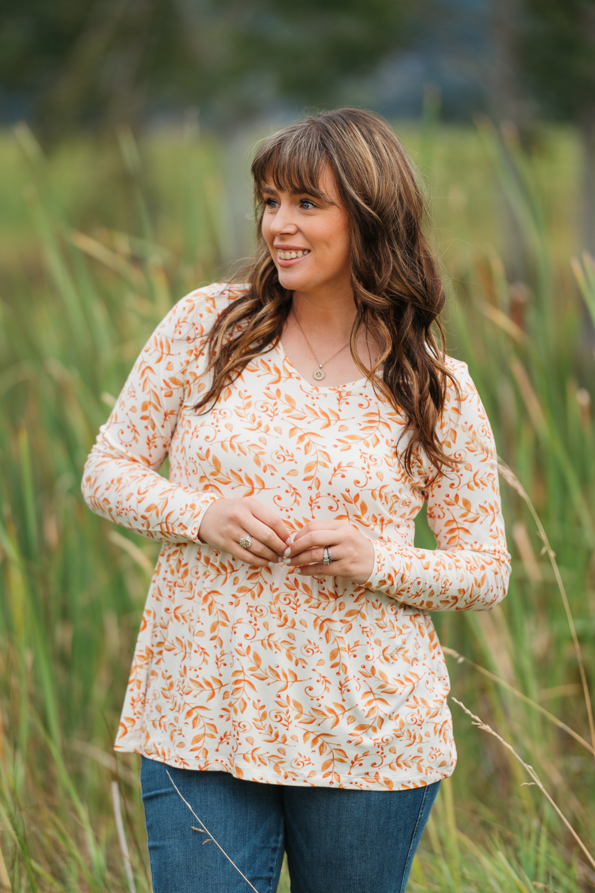 Soft Stretchy Fabric Sarah Ruffle Top Long Sleeve Autumn Vines Print by Michelle Mae