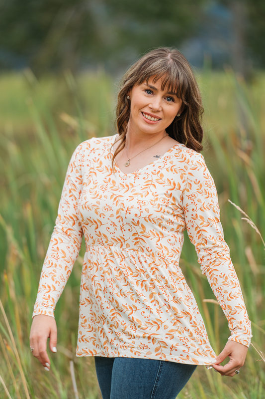 Soft Stretchy Fabric Sarah Ruffle Top Long Sleeve Autumn Vines Print by Michelle Mae