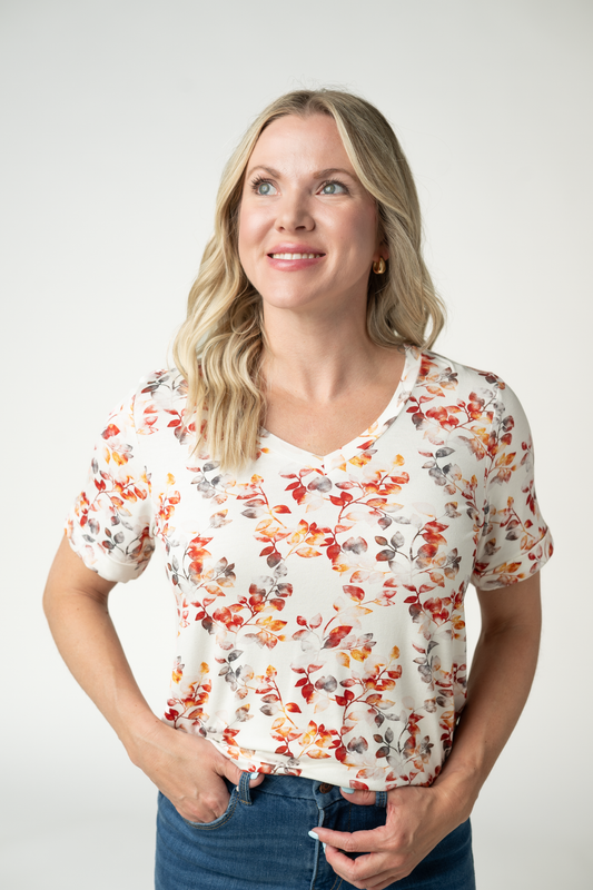 Women Sophie V Neck Top Soft Stretch Cuffed Sleeve Autumn Watercolor Tee