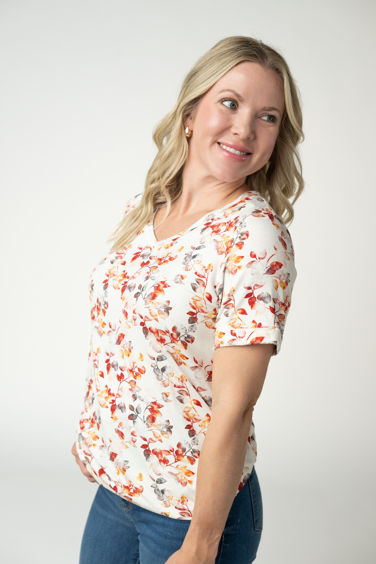 Women Sophie V Neck Top Soft Stretch Cuffed Sleeve Autumn Watercolor Tee by Michelle Mae
