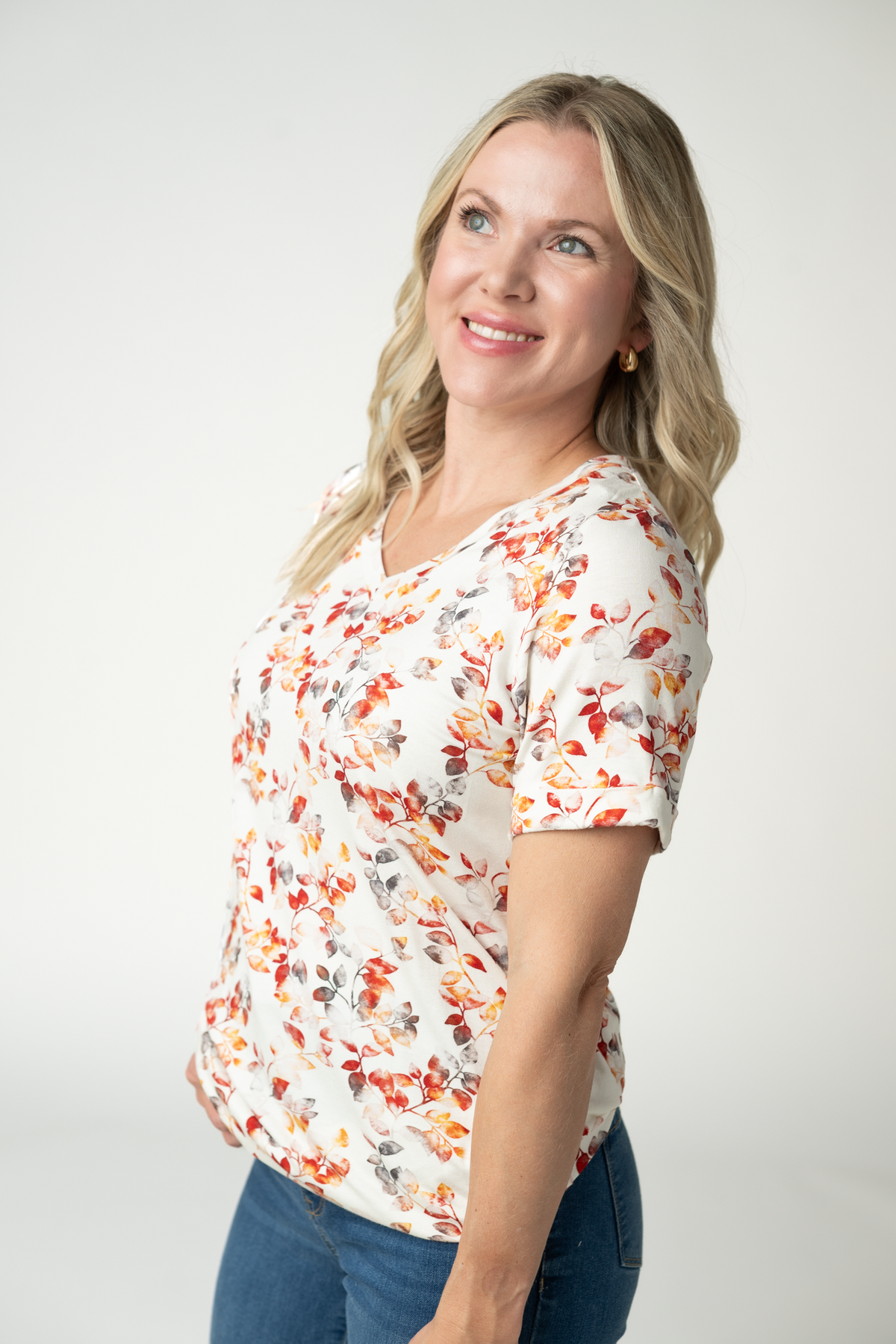 Women Sophie V Neck Top Soft Stretch Cuffed Sleeve Autumn Watercolor Tee by Michelle Mae