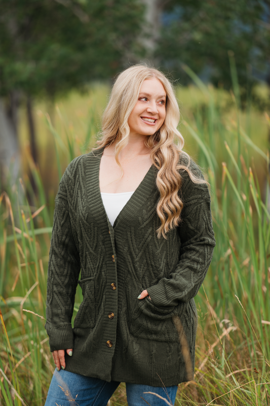 Brooks Olive Button Front Cardigan Sweater Soft Acrylic Knit With Pockets by Michelle Mae