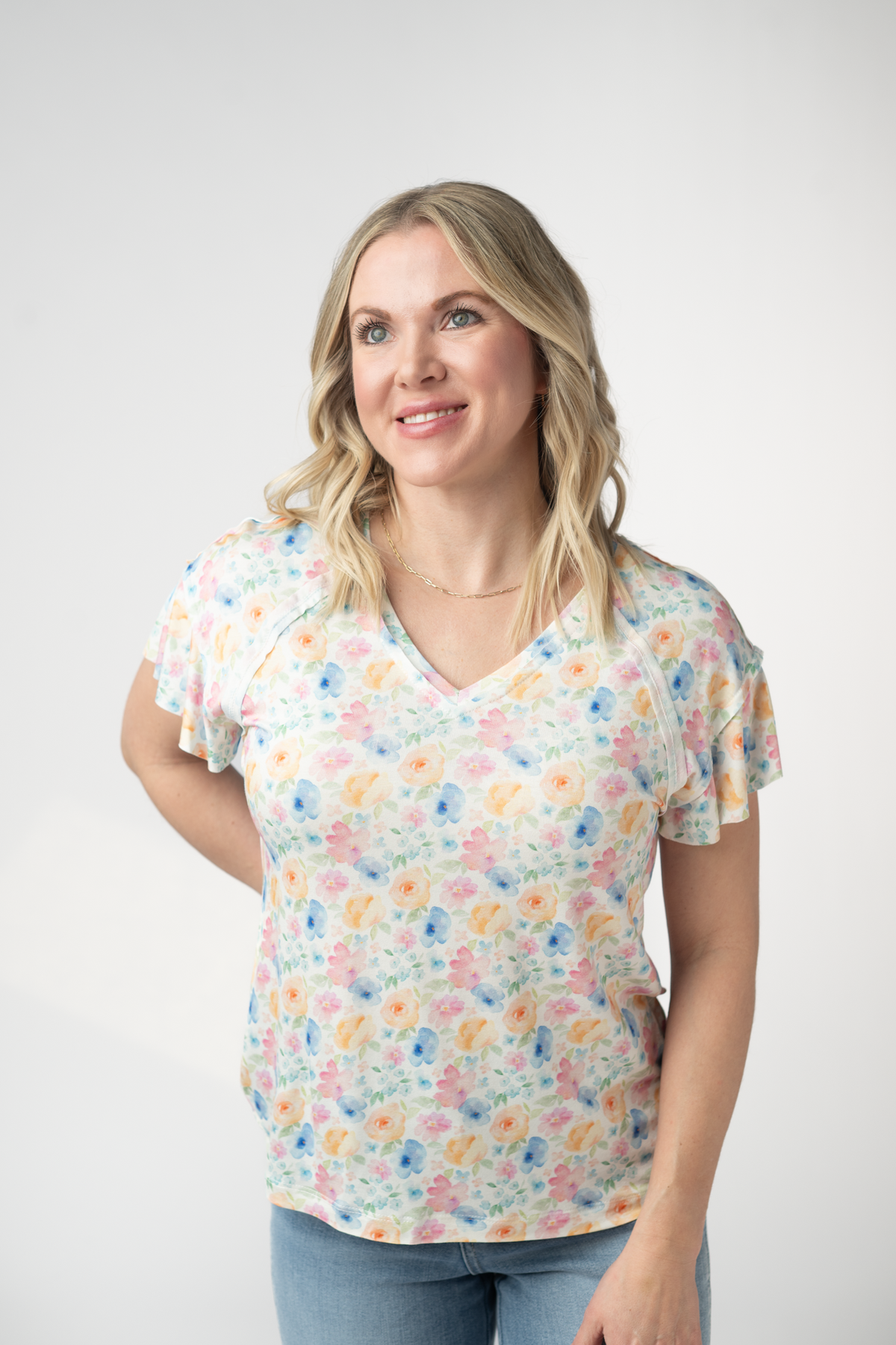 Raelynn V Neck Top With Ruffle Sleeves Lightweight Casual Blouse