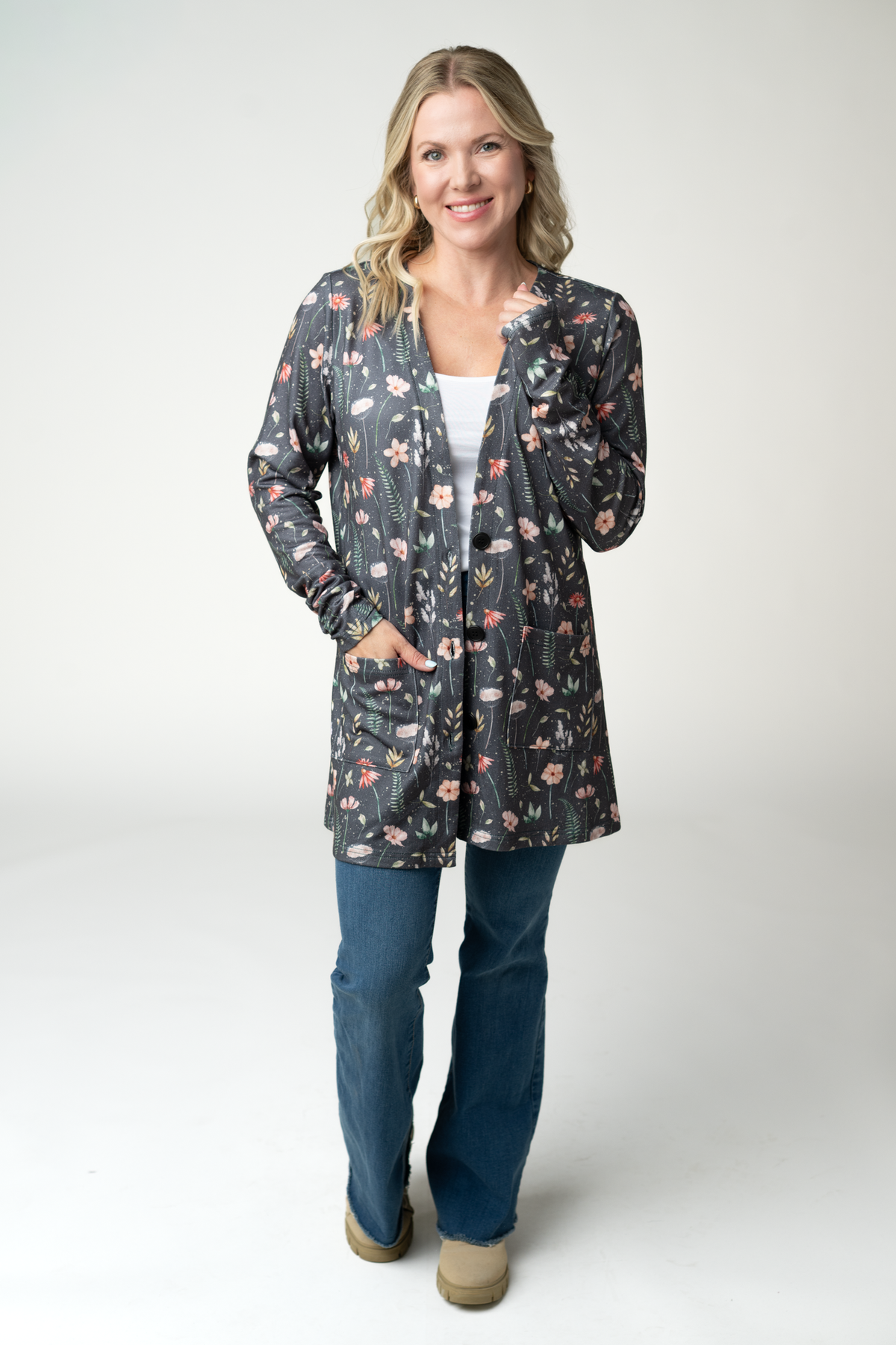 Cori Cardigan With Thumbholes And Pockets Wildflower Print Button Front