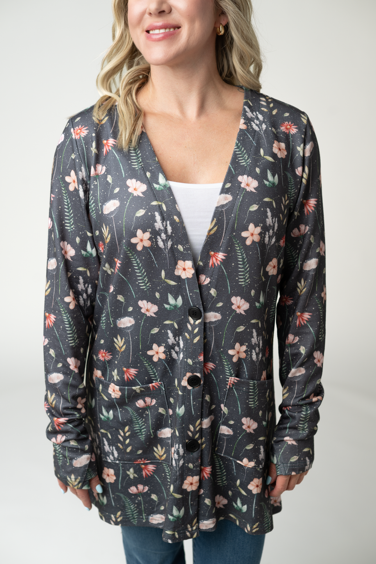Cori Cardigan With Thumbholes And Pockets Wildflower Print Button Front