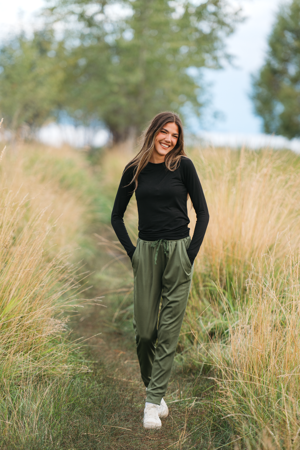 Cozy Cloud Fabric Joggers With Deep Pockets And Adjustable Tie Waist Olive by Michelle Mae