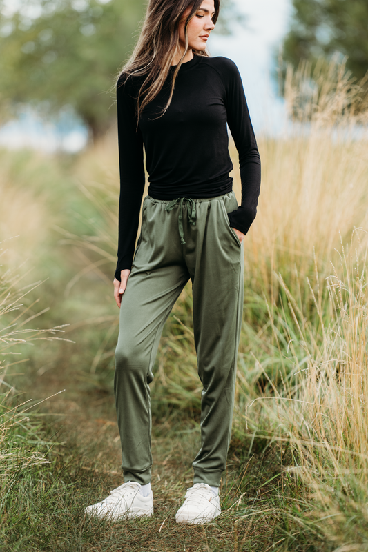 Cozy Cloud Fabric Joggers With Deep Pockets And Adjustable Tie Waist Olive by Michelle Mae