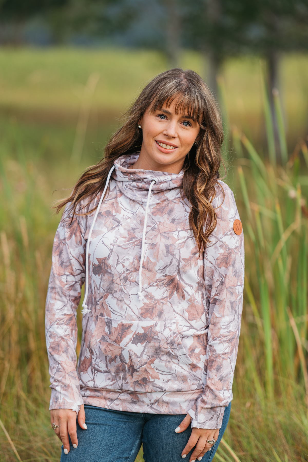 Ashley Hoodie Woodsy Camo Triple Stretch Kangaroo Pocket Thumbhole Sweatshirt