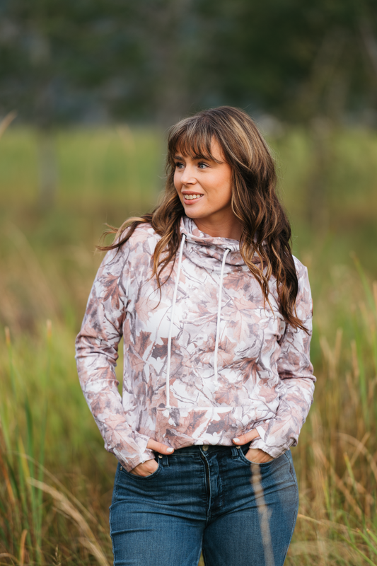 Ashley Hoodie Woodsy Camo Triple Stretch Kangaroo Pocket Thumbhole Sweatshirt by Michelle Mae
