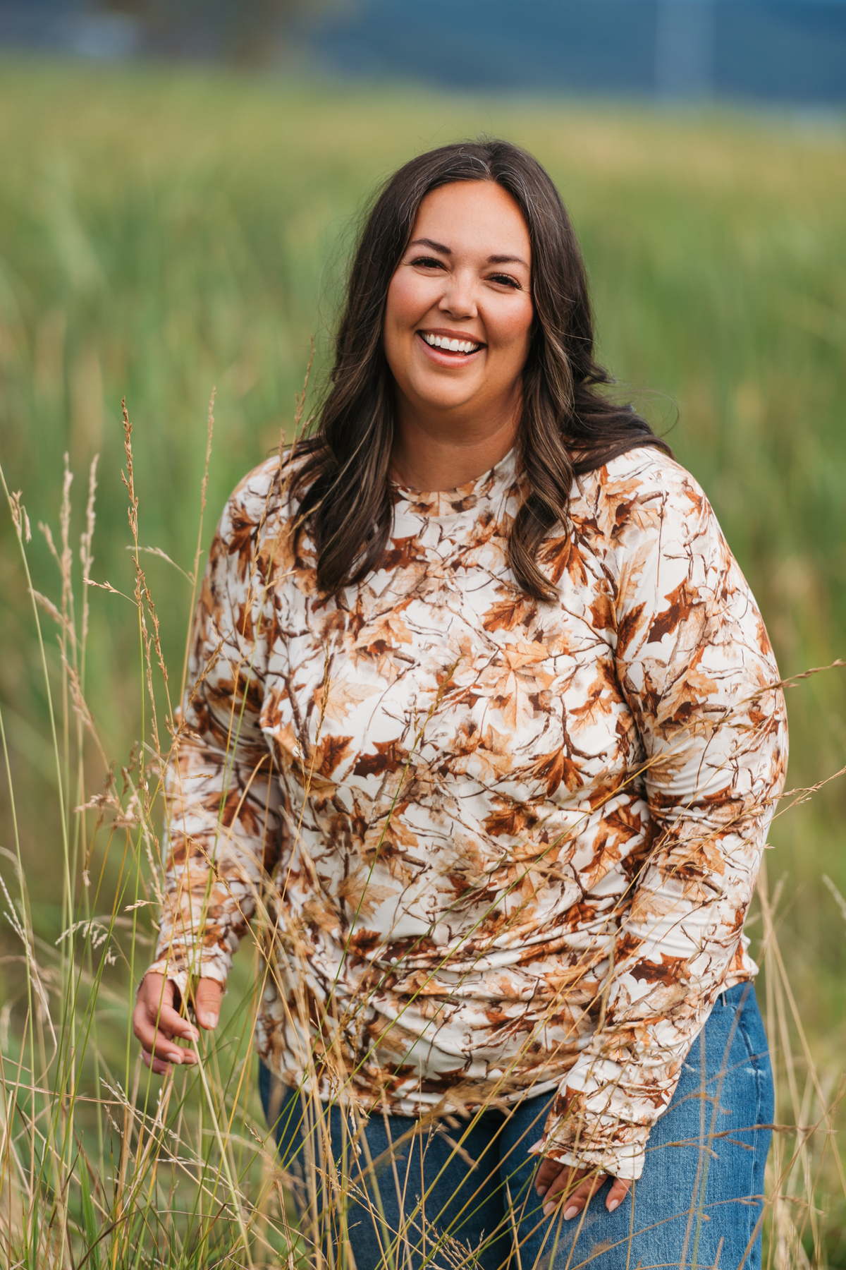 Blair Fitted Long Sleeve Top With Thumbholes And High Neck Woodsy Camo by Michelle Mae