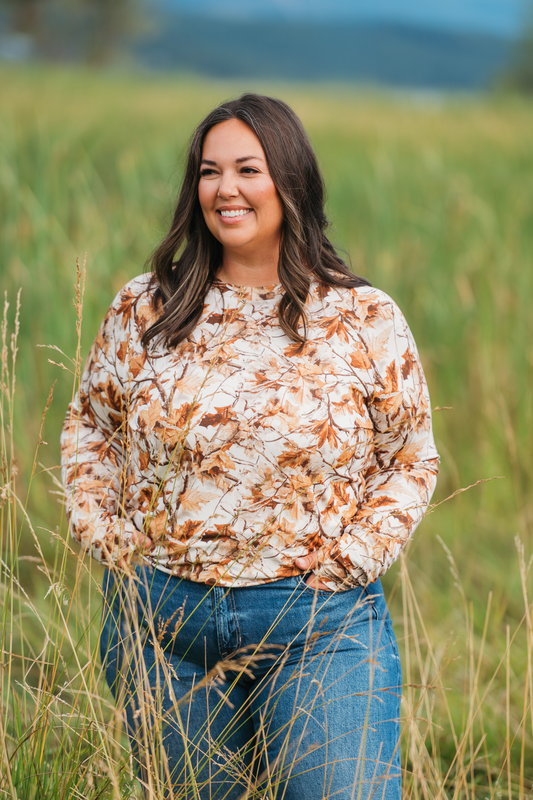 Blair Fitted Long Sleeve Top With Thumbholes And High Neck Woodsy Camo by Michelle Mae