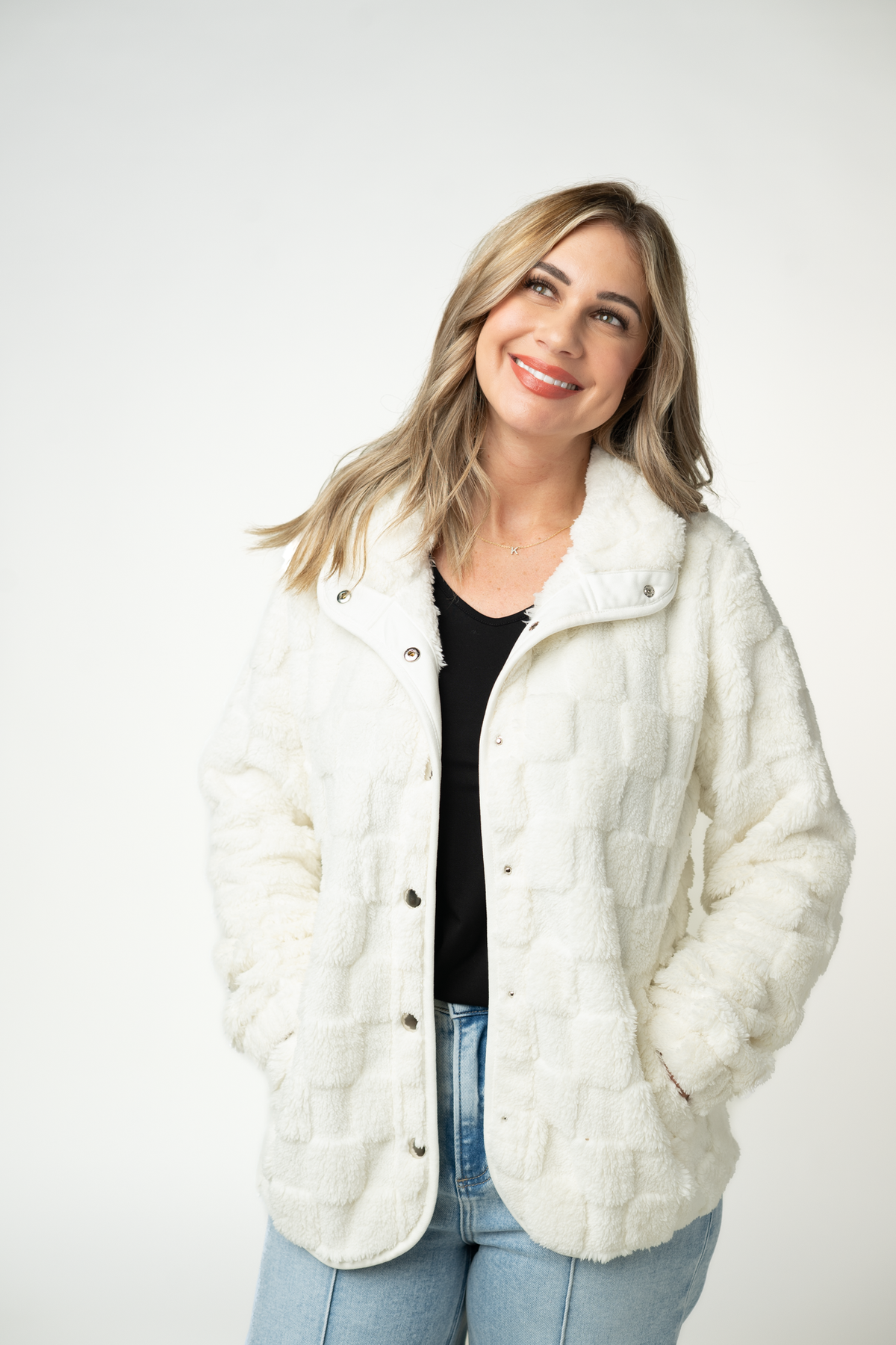 Ivory Checkered Snap Front Pocket Sherpa Fleece Jacket