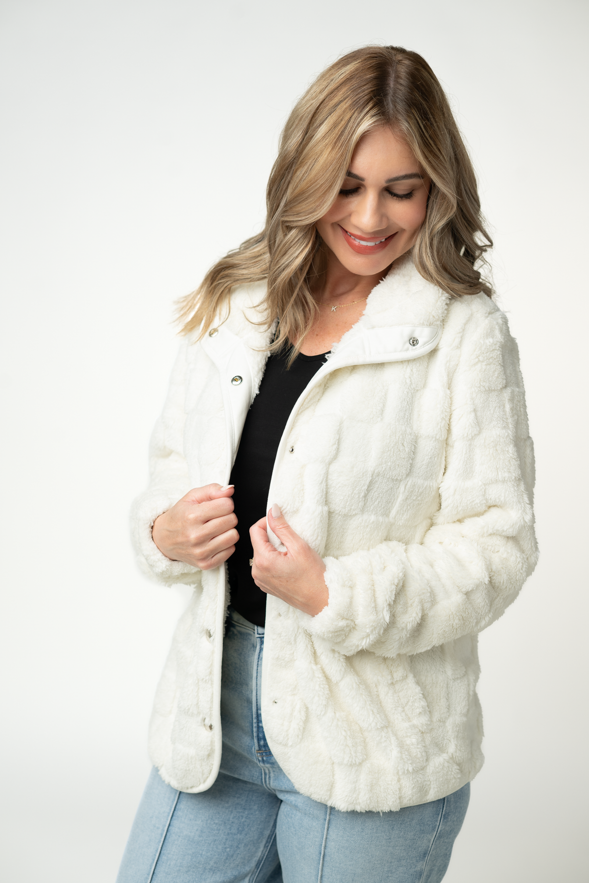 Ivory Checkered Snap Front Pocket Sherpa Fleece Jacket