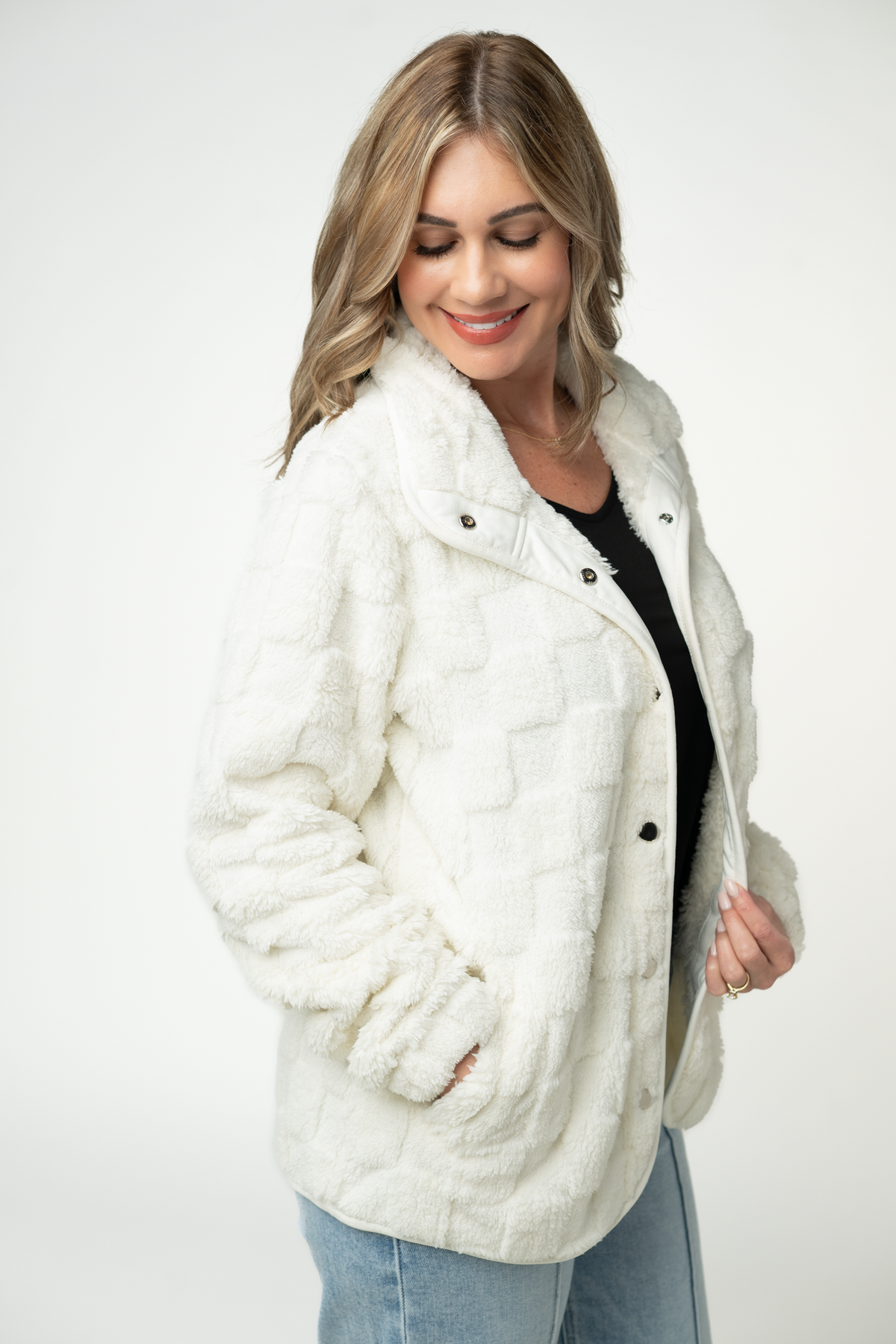 Ivory Checkered Snap Front Pocket Sherpa Fleece Jacket
