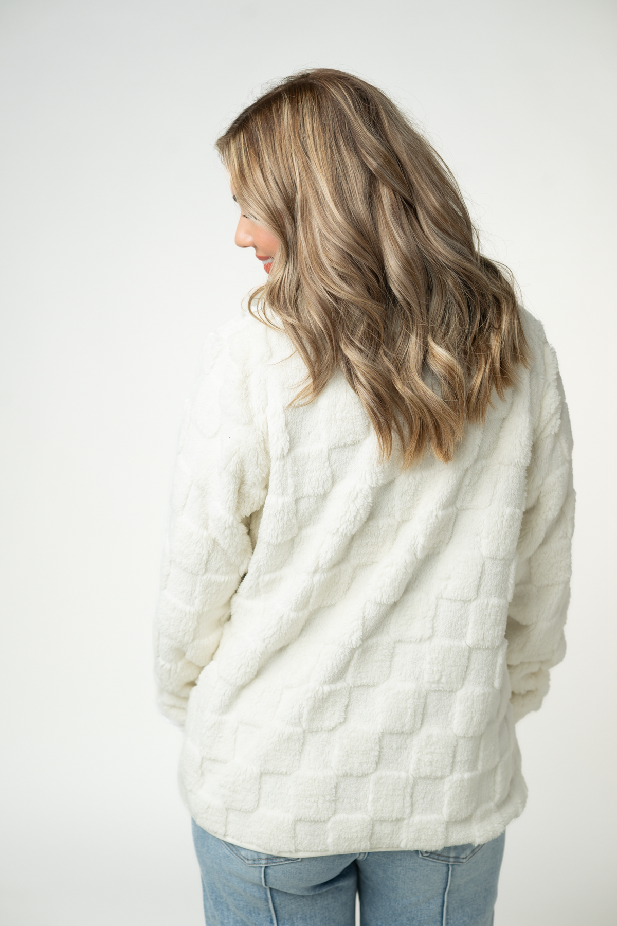 Ivory Checkered Snap Front Pocket Sherpa Fleece Jacket