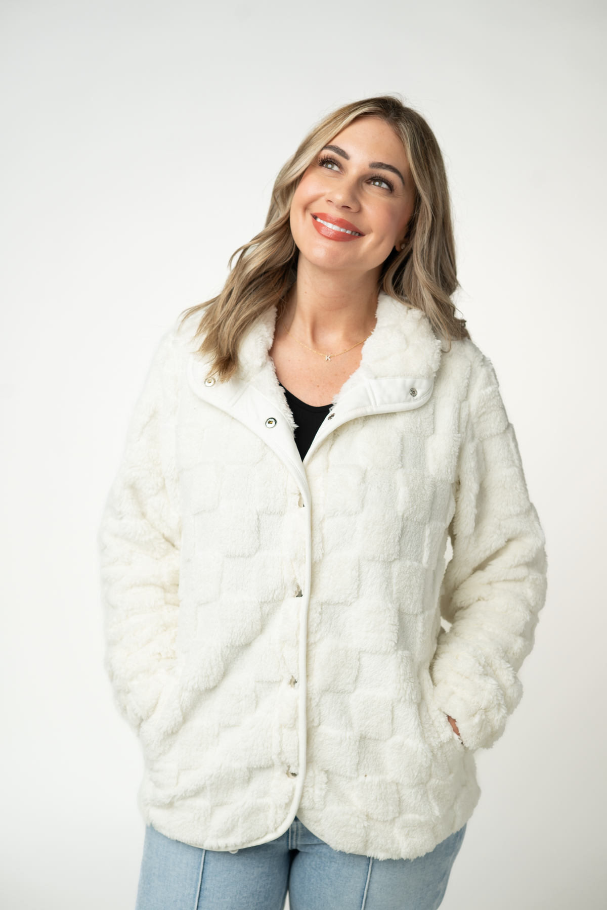 Ivory Checkered Snap Front Pocket Sherpa Fleece Jacket