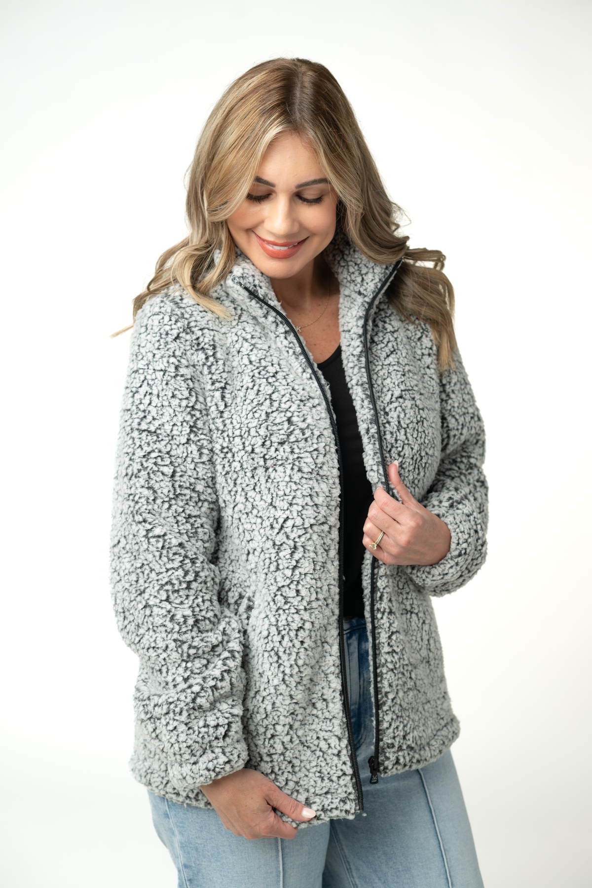 IN STOCK Two Tone Fullzip Sherpa - Charcoal and White by Michelle Mae