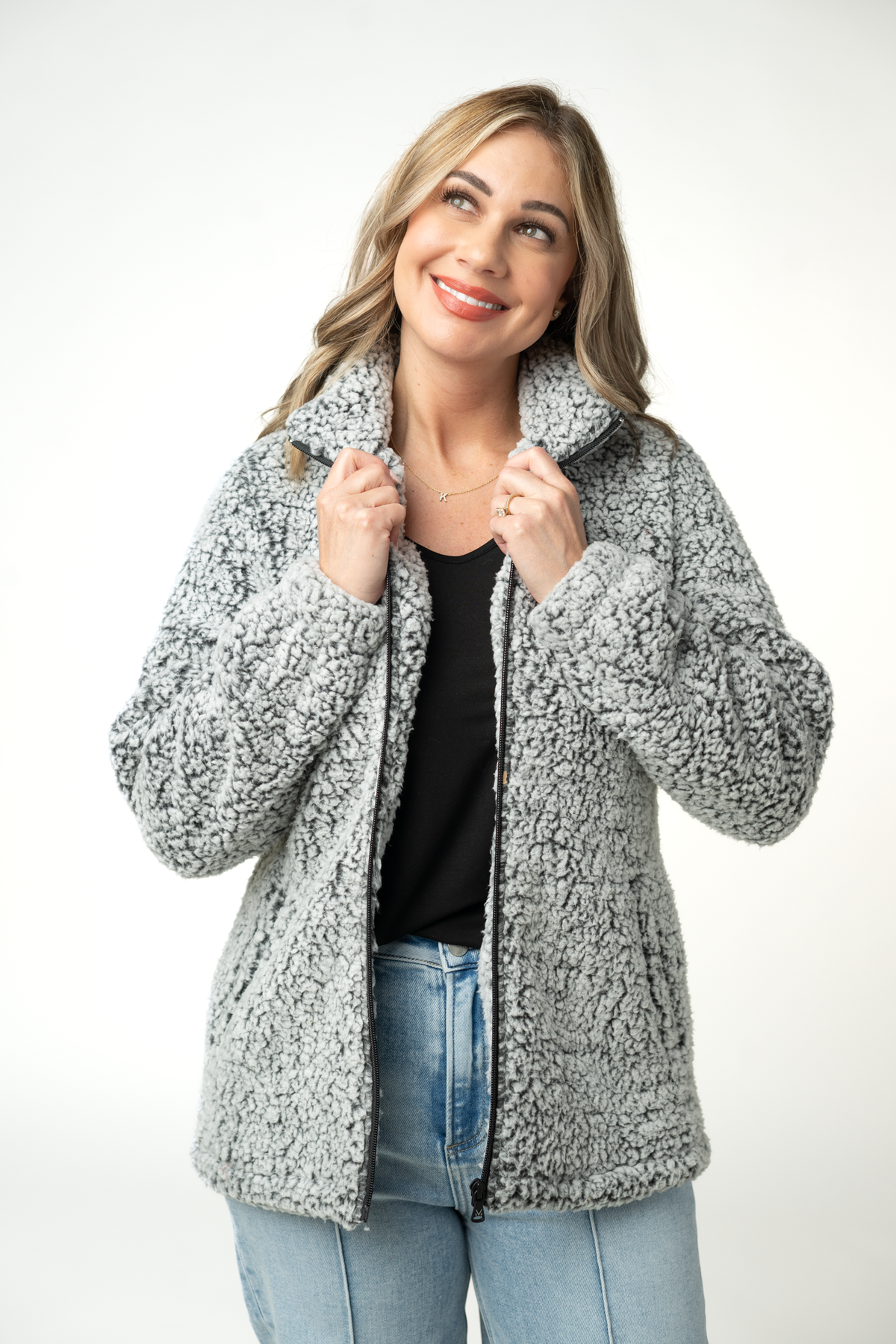 Two Tone Charcoal White Sherpa Full Zip Casual Sweatshirt