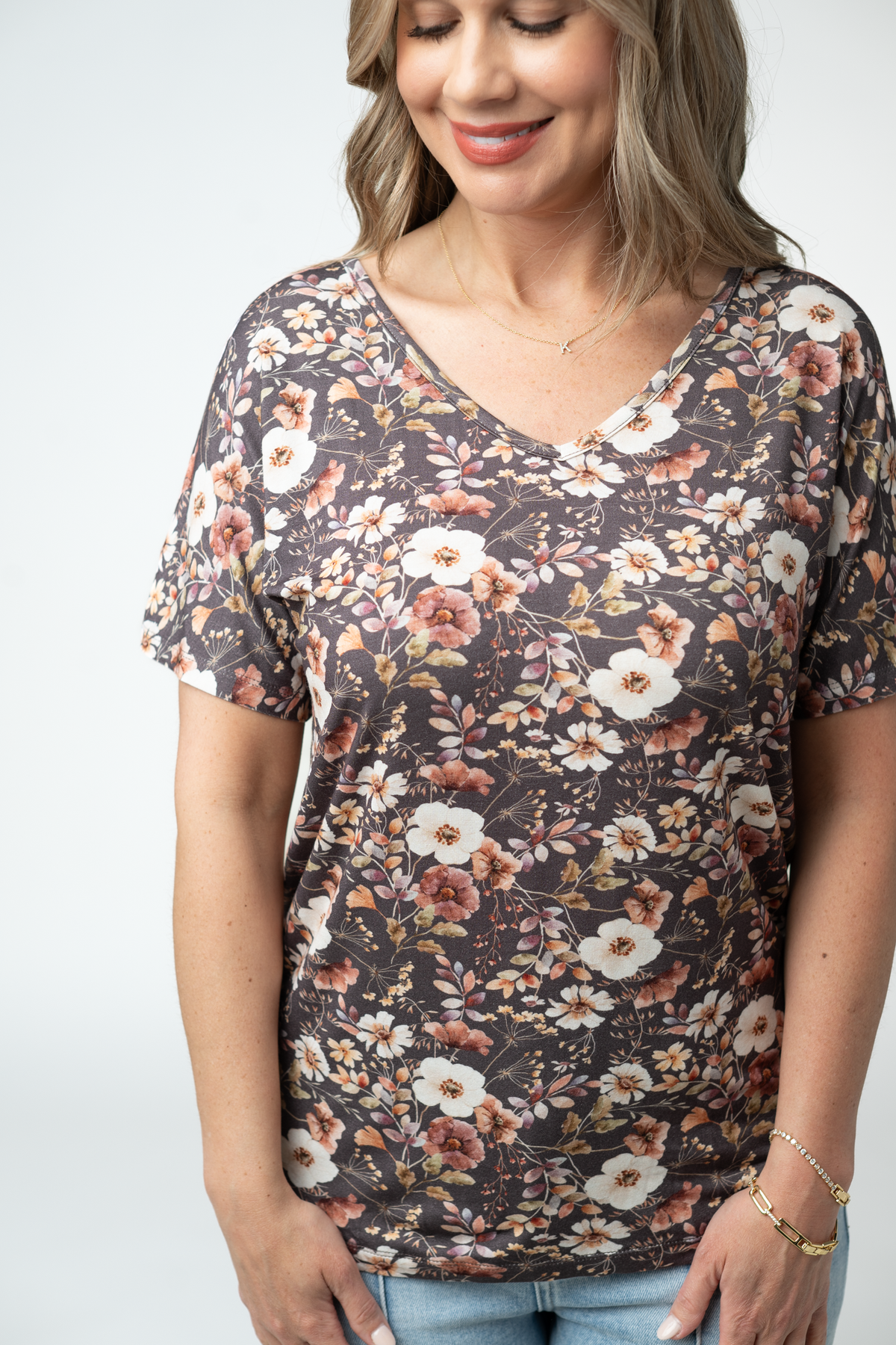 Chloe Cozy V Neck Dolman Blushwood Floral Relaxed Fit Top