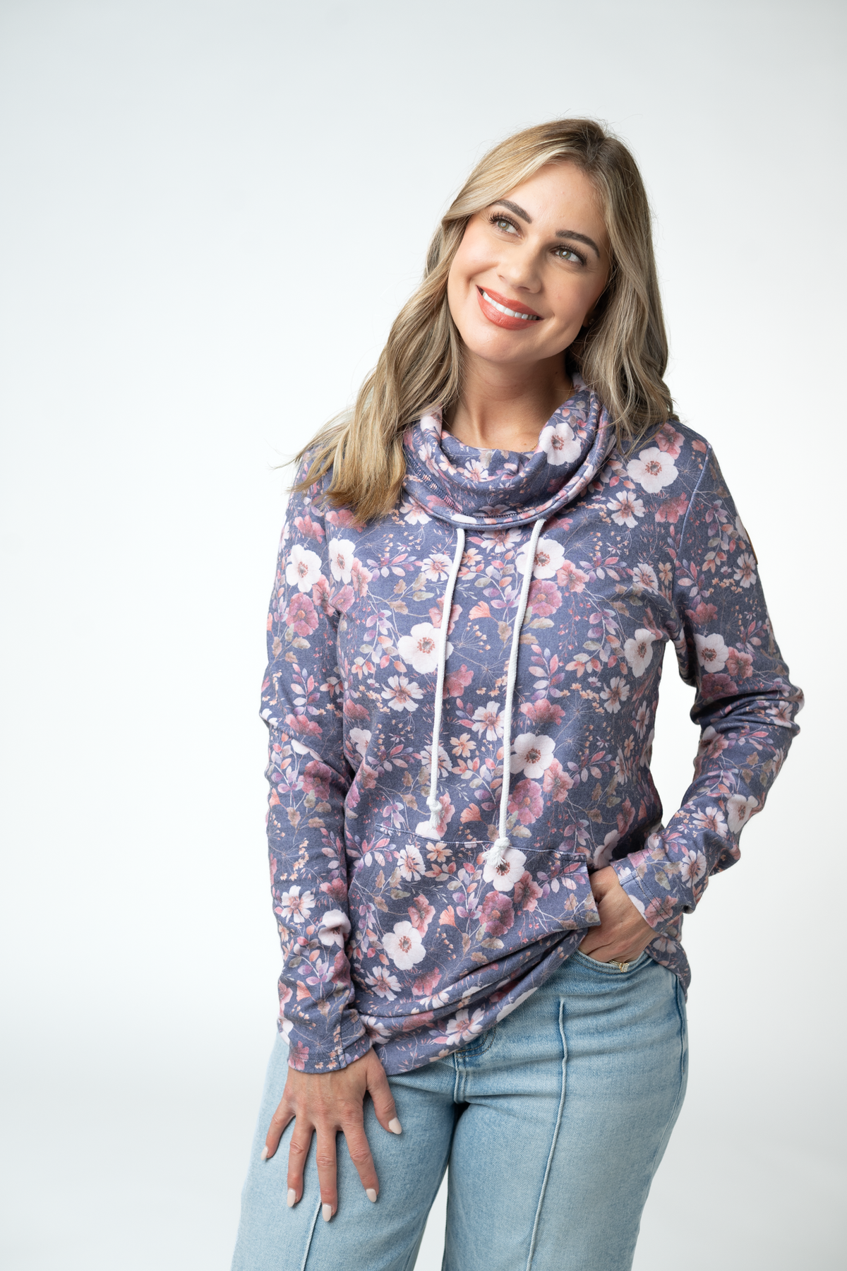 Blushwood Floral Funnel Neck Top Triple Stretch Fabric Fall Layering Essential