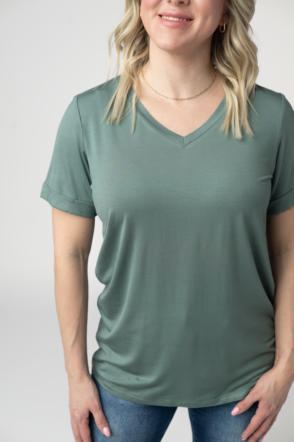 Women Sophie V Neck Top Dusty Jade Buttery Soft Cuff Sleeve Tee
