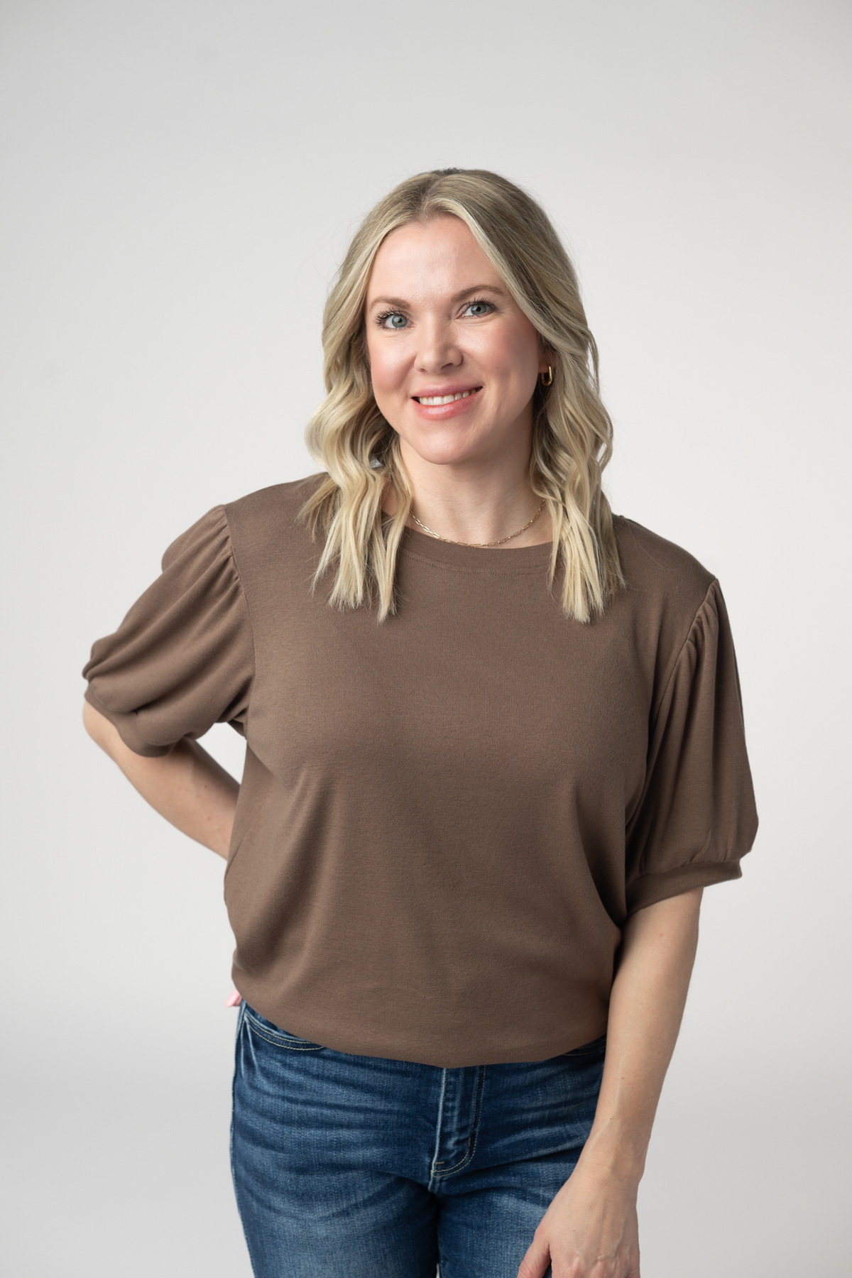 Katie Womens Mocha Cozy Top With Feminine Sleeves And Soft Cotton Blend