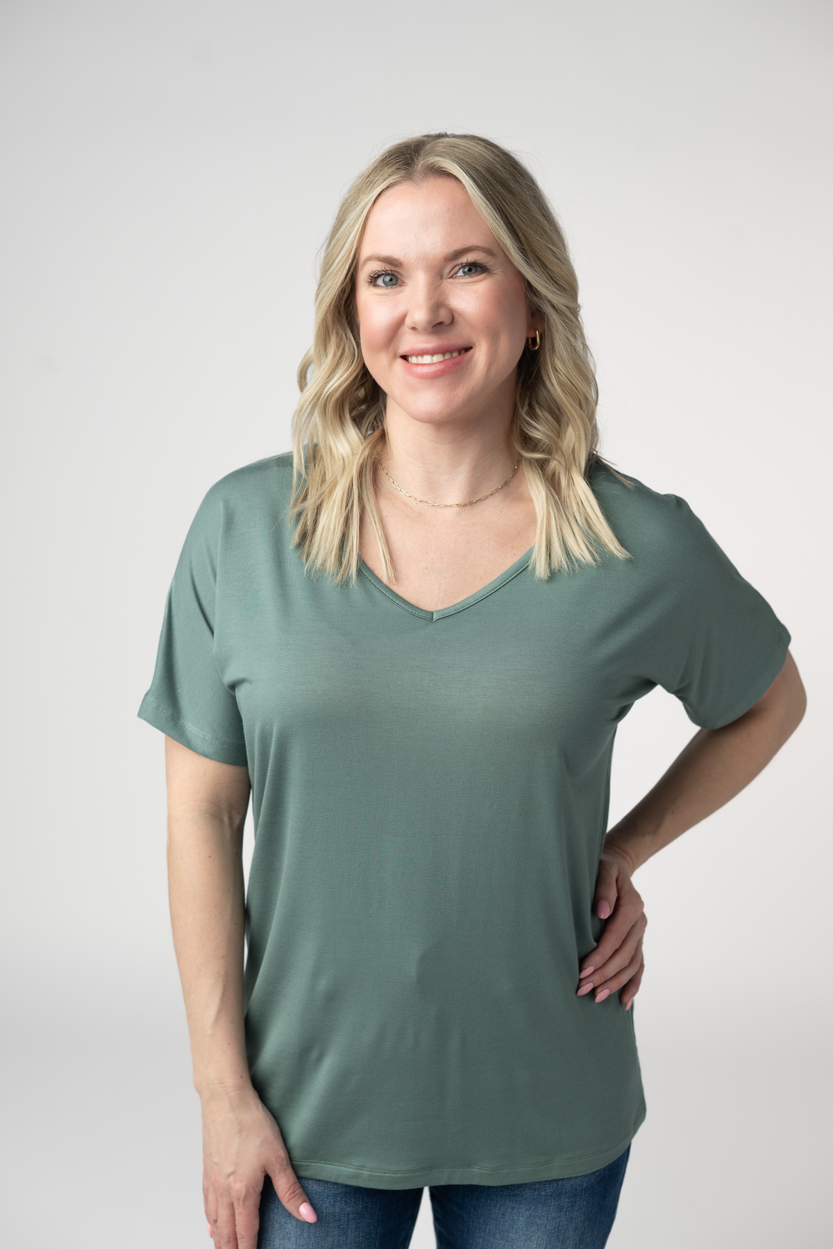 Women's Chloe Cozy Top Dusty Jade V Neck Relaxed Rayon Blouse