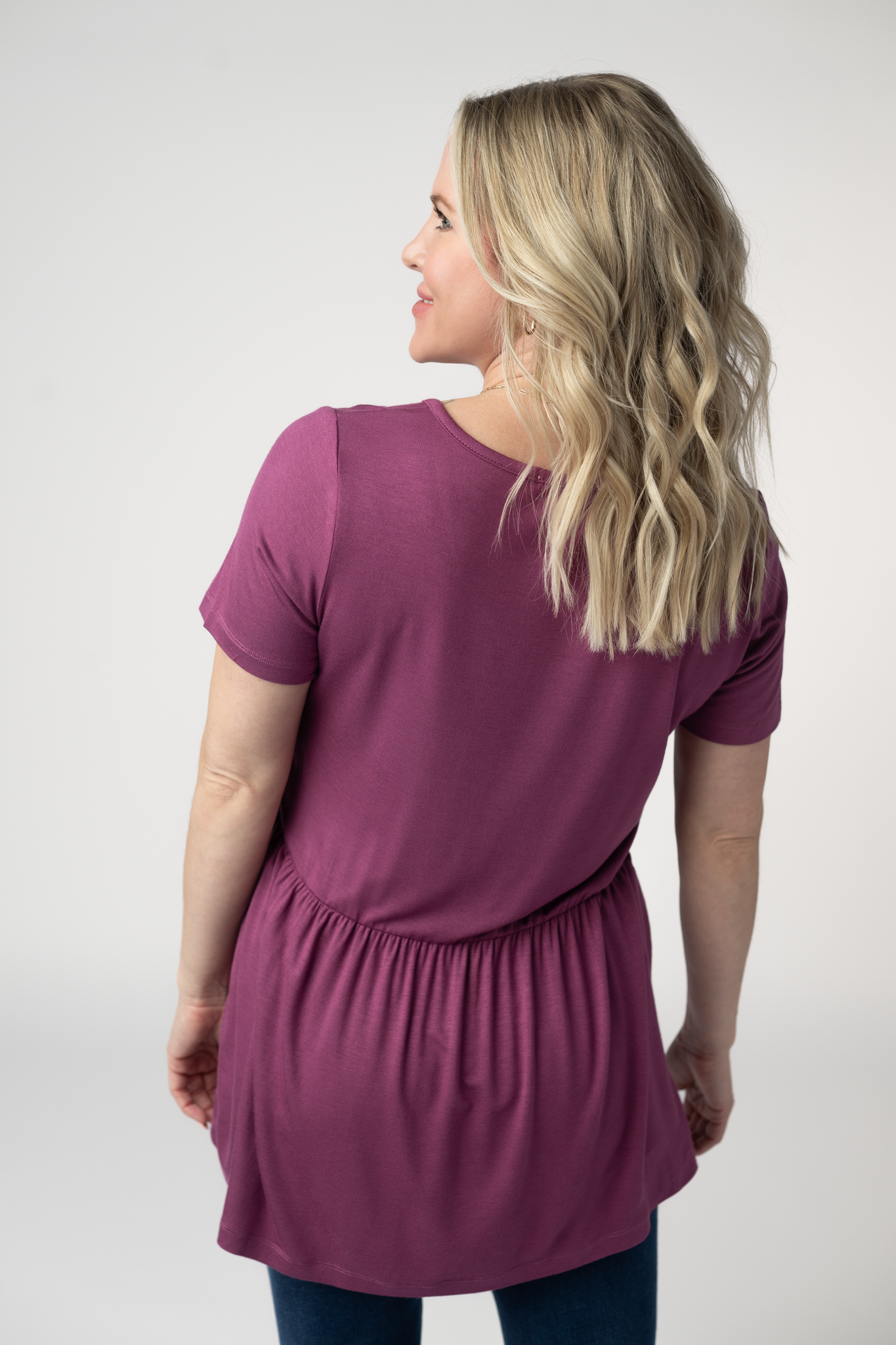 Soft Stretchy Rayon Sarah Ruffle Short Sleeve Top Mulberry