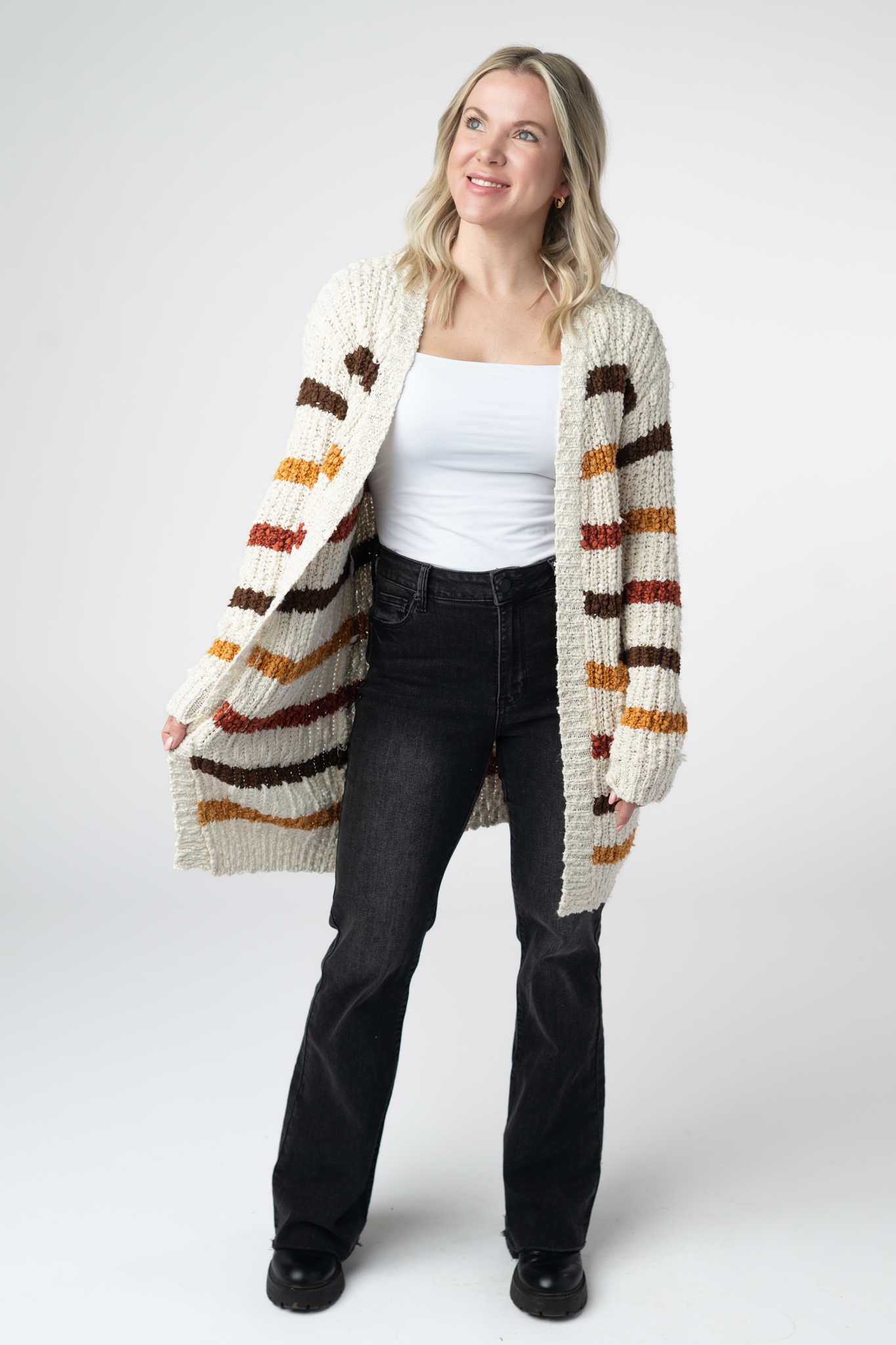Ladies Fall Striped Open Knit Oversized Soft Stretch Cardigan