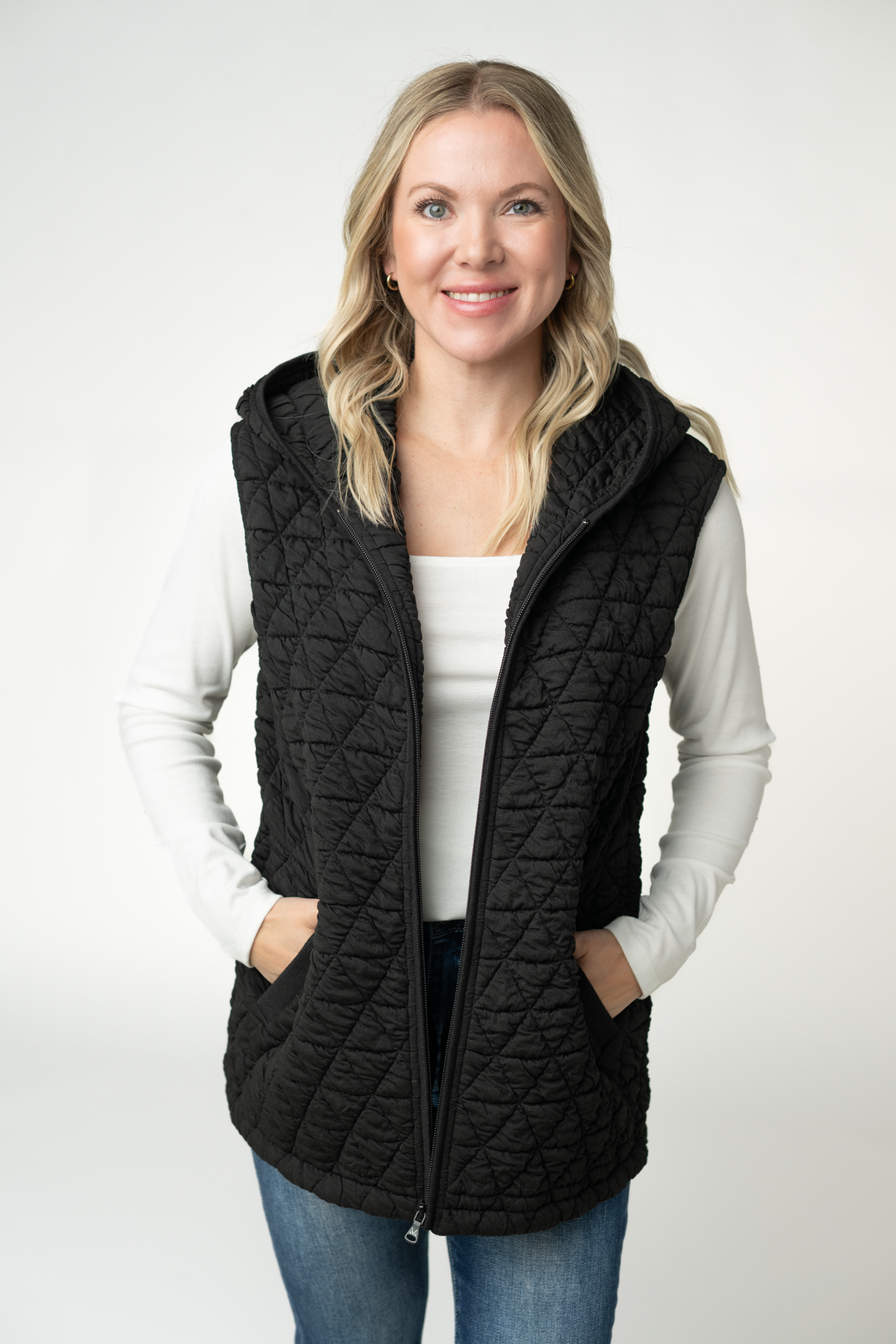 Heather Geometric Zippered Hooded Vest With Pockets For Fall Winter Clothing