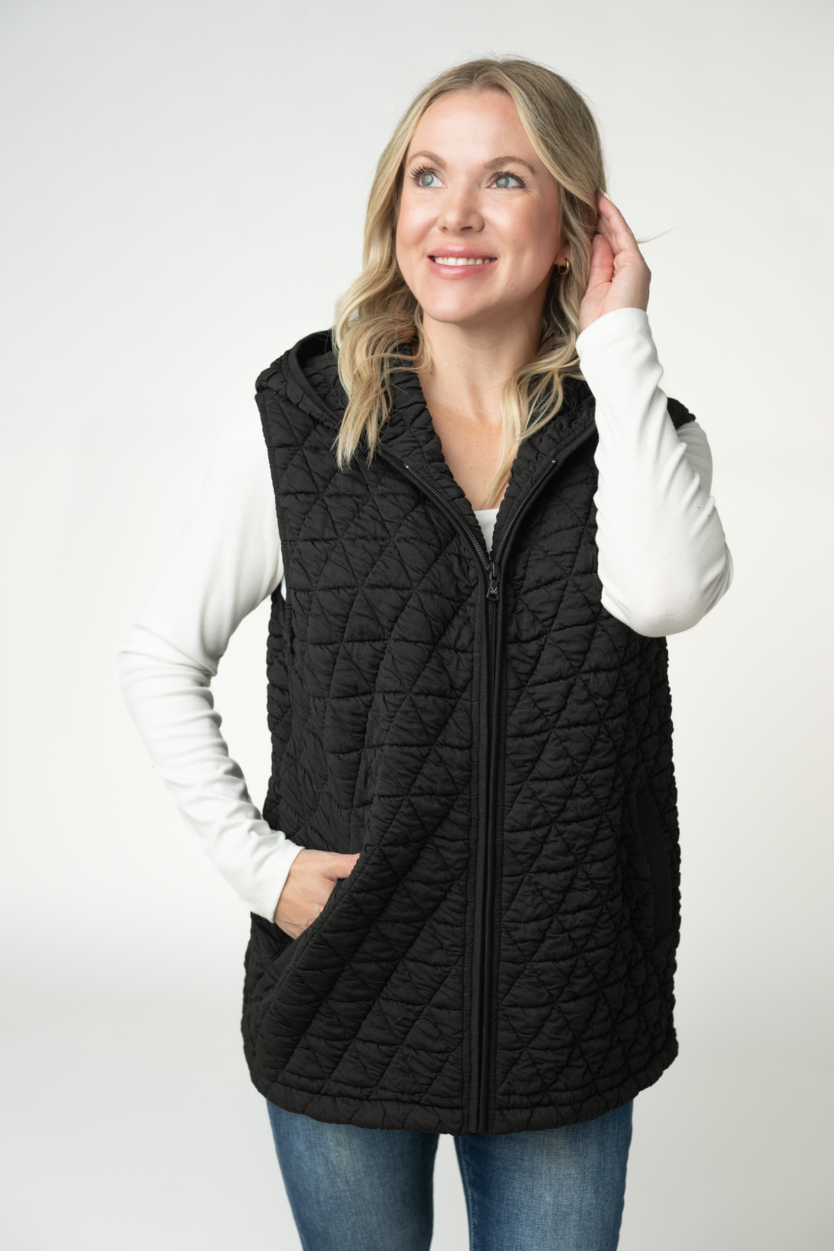 Heather Geometric Zippered Hooded Vest With Pockets For Fall Winter Clothing