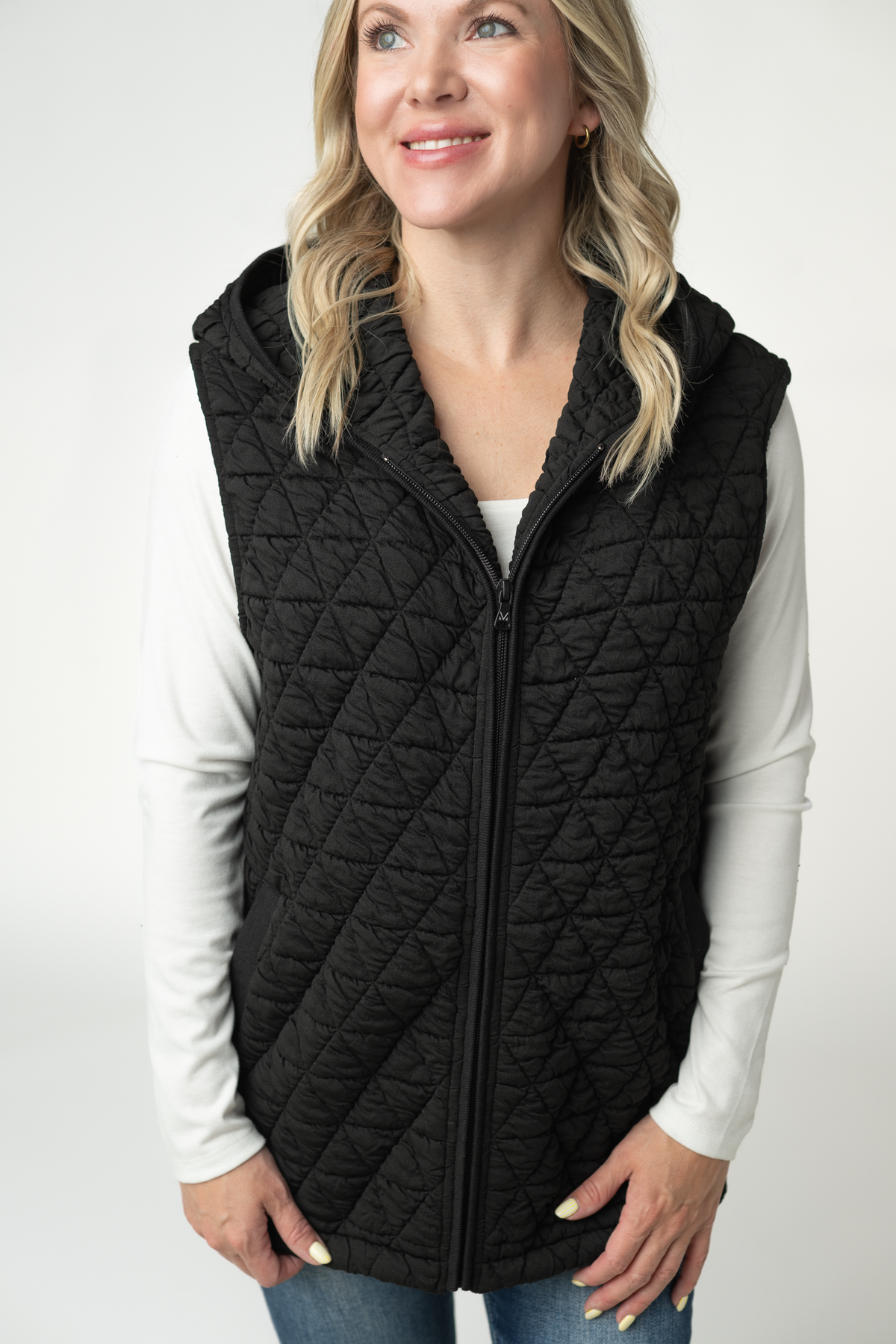 Heather Geometric Zippered Hooded Vest With Pockets For Fall Winter Clothing