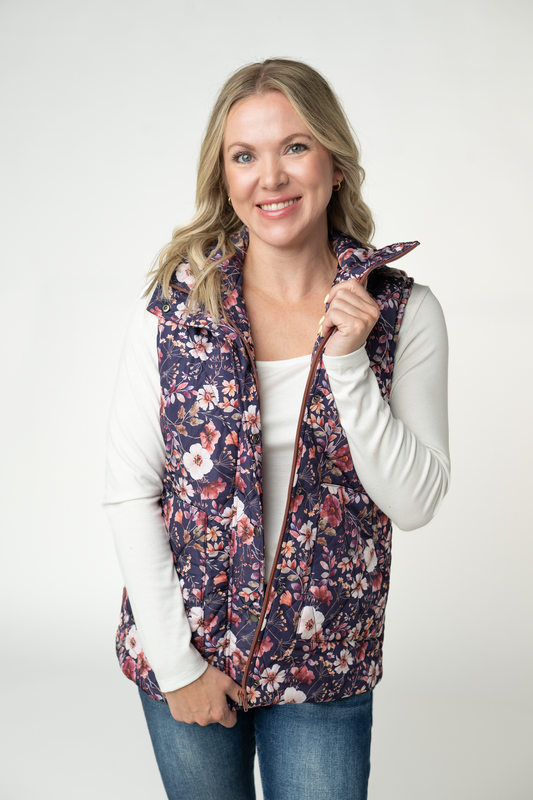 Remy Zip Up Vest Blushwood Floral Front Zipper Side Pockets Fall Layering