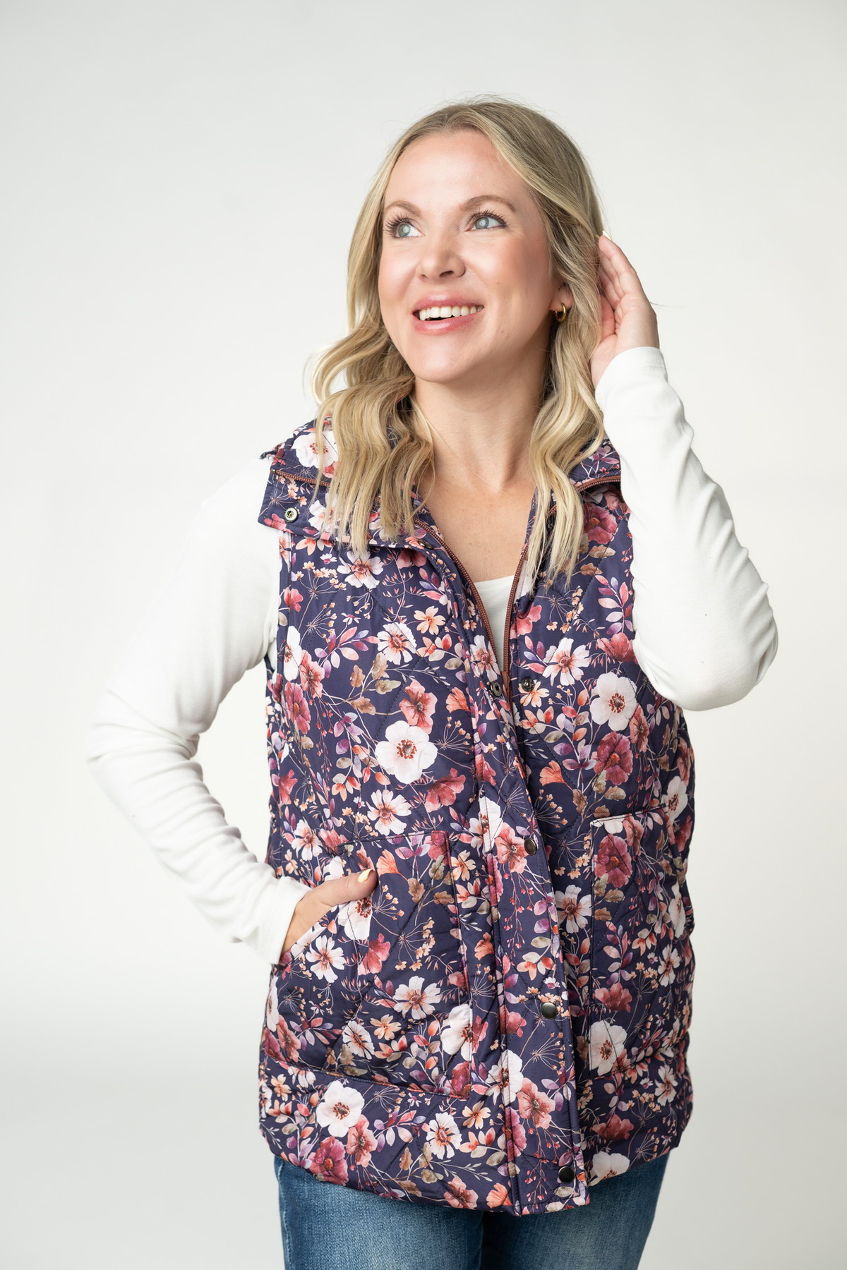 Remy Zip Up Vest Blushwood Floral Front Zipper Side Pockets Fall Layering