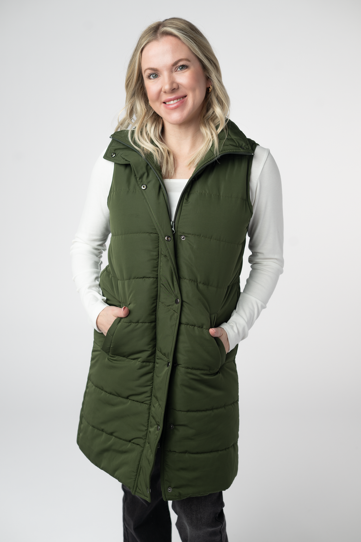 Womens Harlow Long Vest Dark Olive Mix Zipper With Button Jacket.