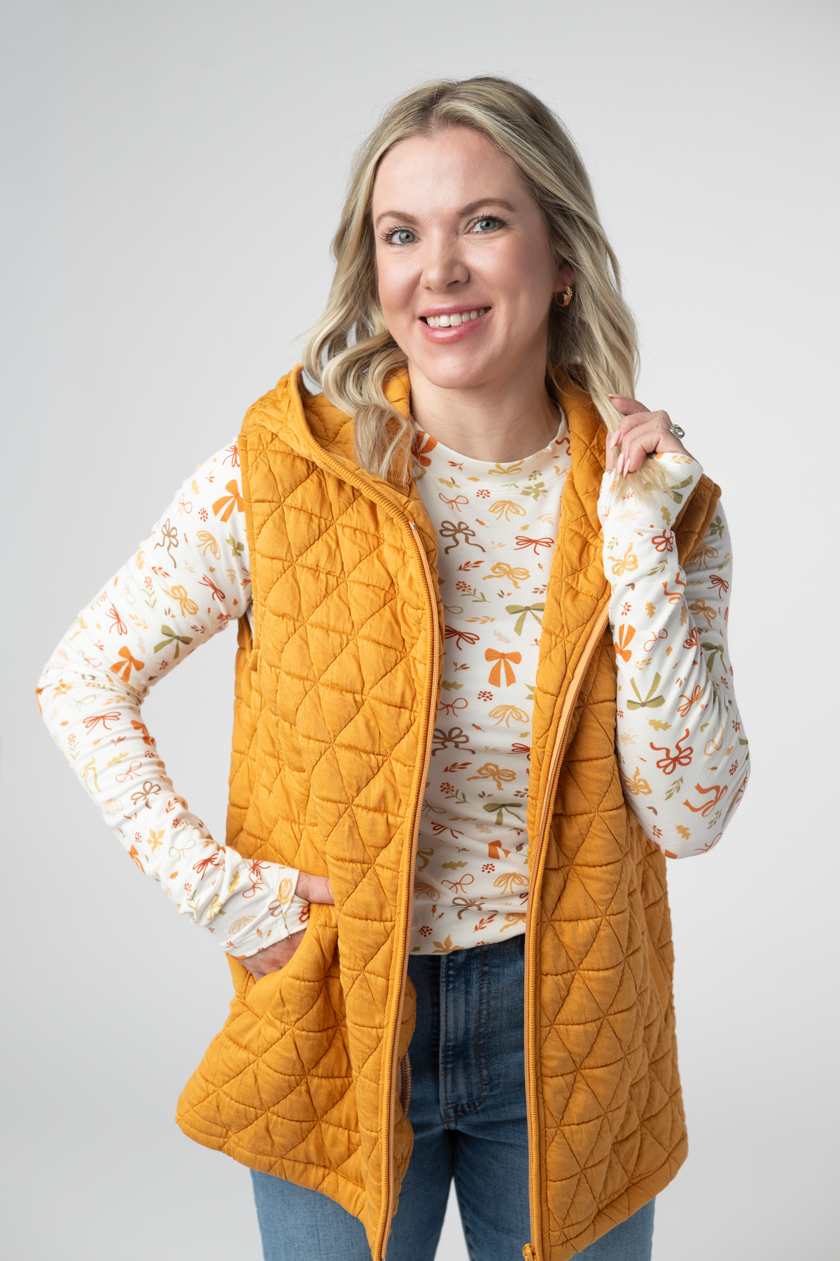 IN STOCK Heather Geometric Hooded Vest - Mustard by Michelle Mae