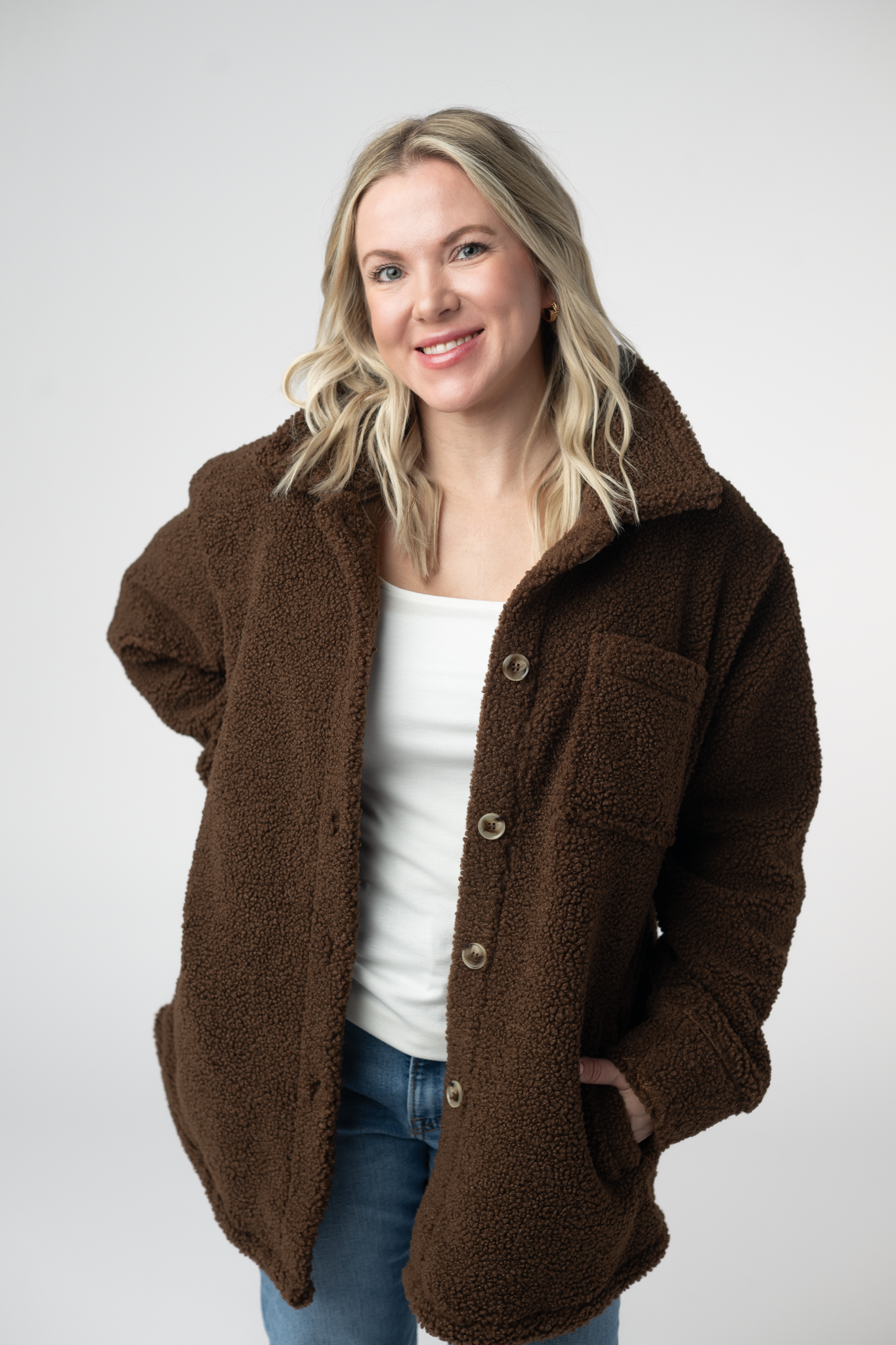Brown Teddy Oversized Shacket With Faux Fur Pockets For Fall Wear