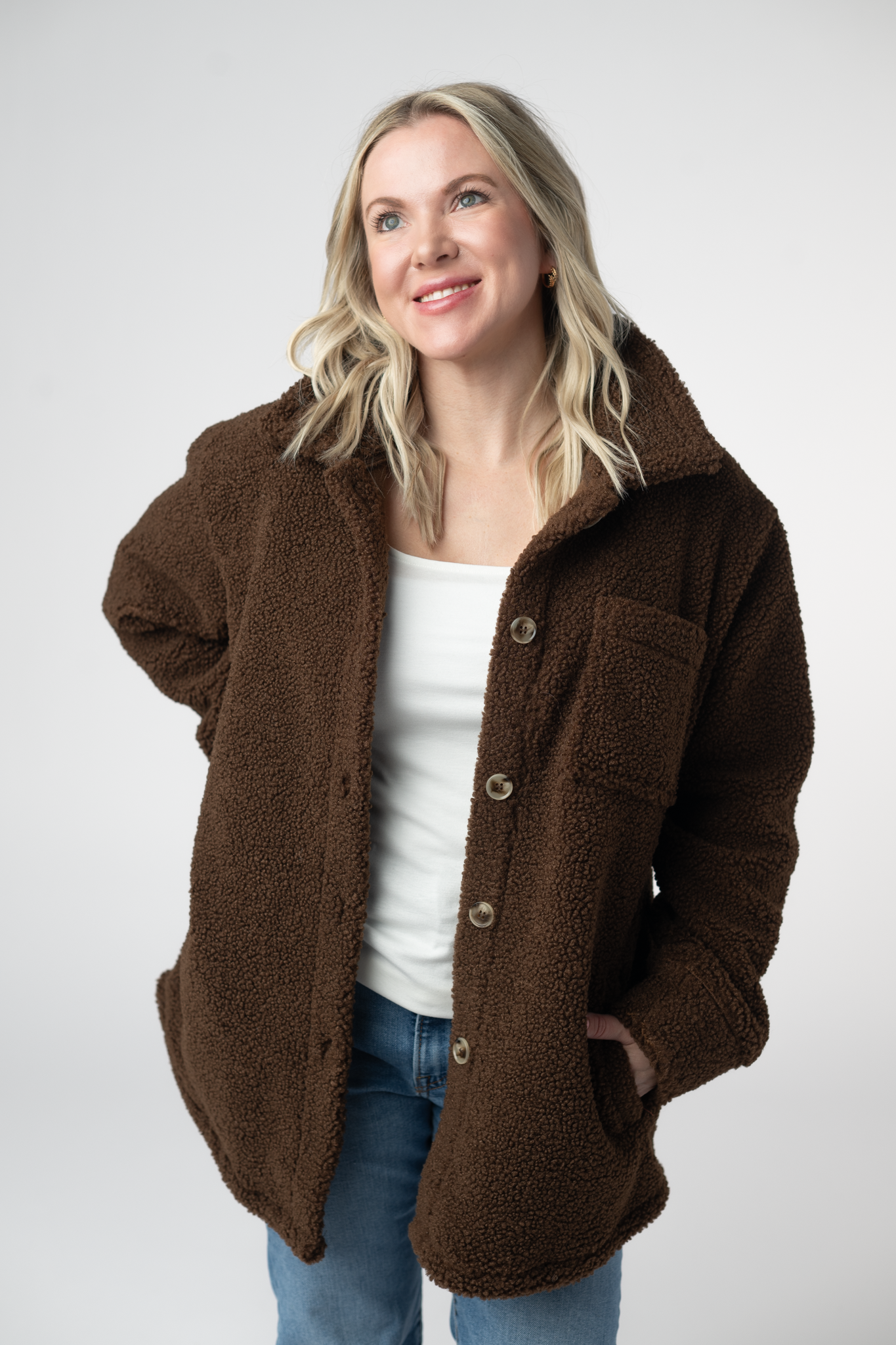 Brown Teddy Oversized Shacket With Faux Fur Pockets For Fall Wear