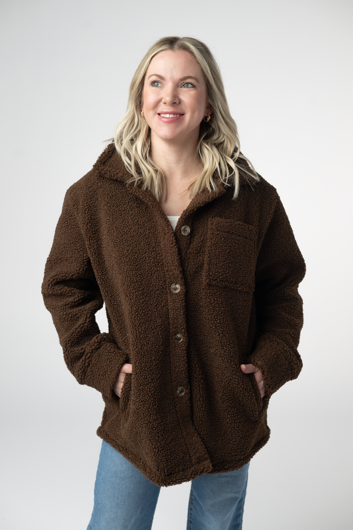 Brown Teddy Oversized Shacket With Faux Fur Pockets For Fall Wear
