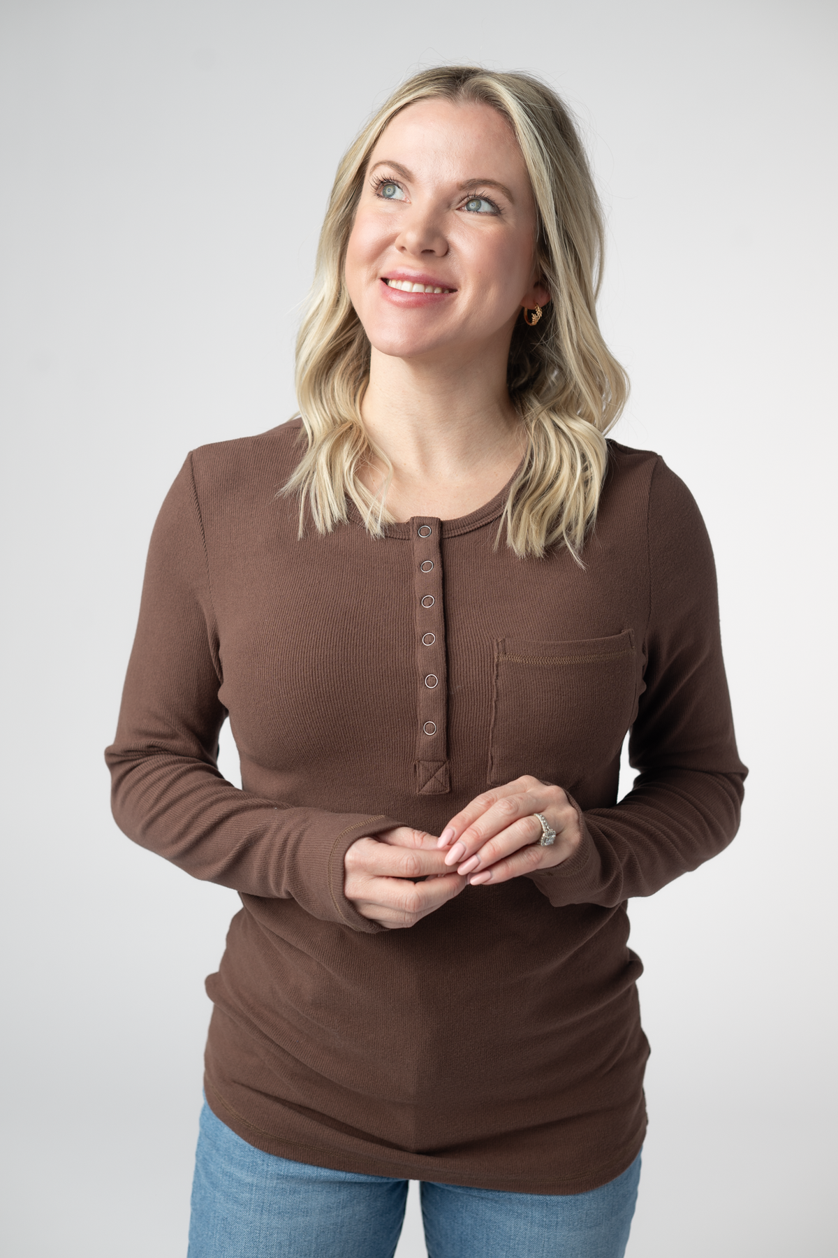 Georgia Long Sleeve Henley Shirt Brown Chest Pocket Casual Fall Top