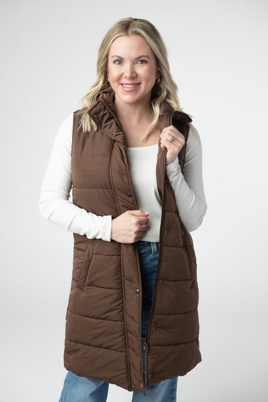 IN STOCK Harlow Long Vest - Brown by Michelle Mae